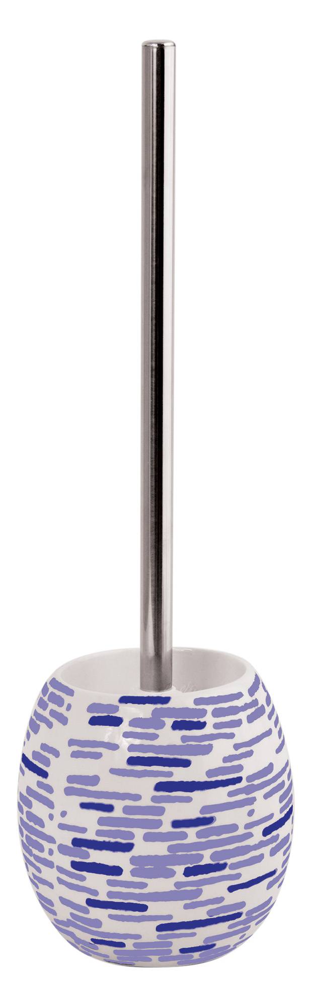 Ein vertikaler Metallschneebesen-Griff steht in einem gemusterten Keramikhalter, wahrscheinlich eine Küchengeräteablage.
