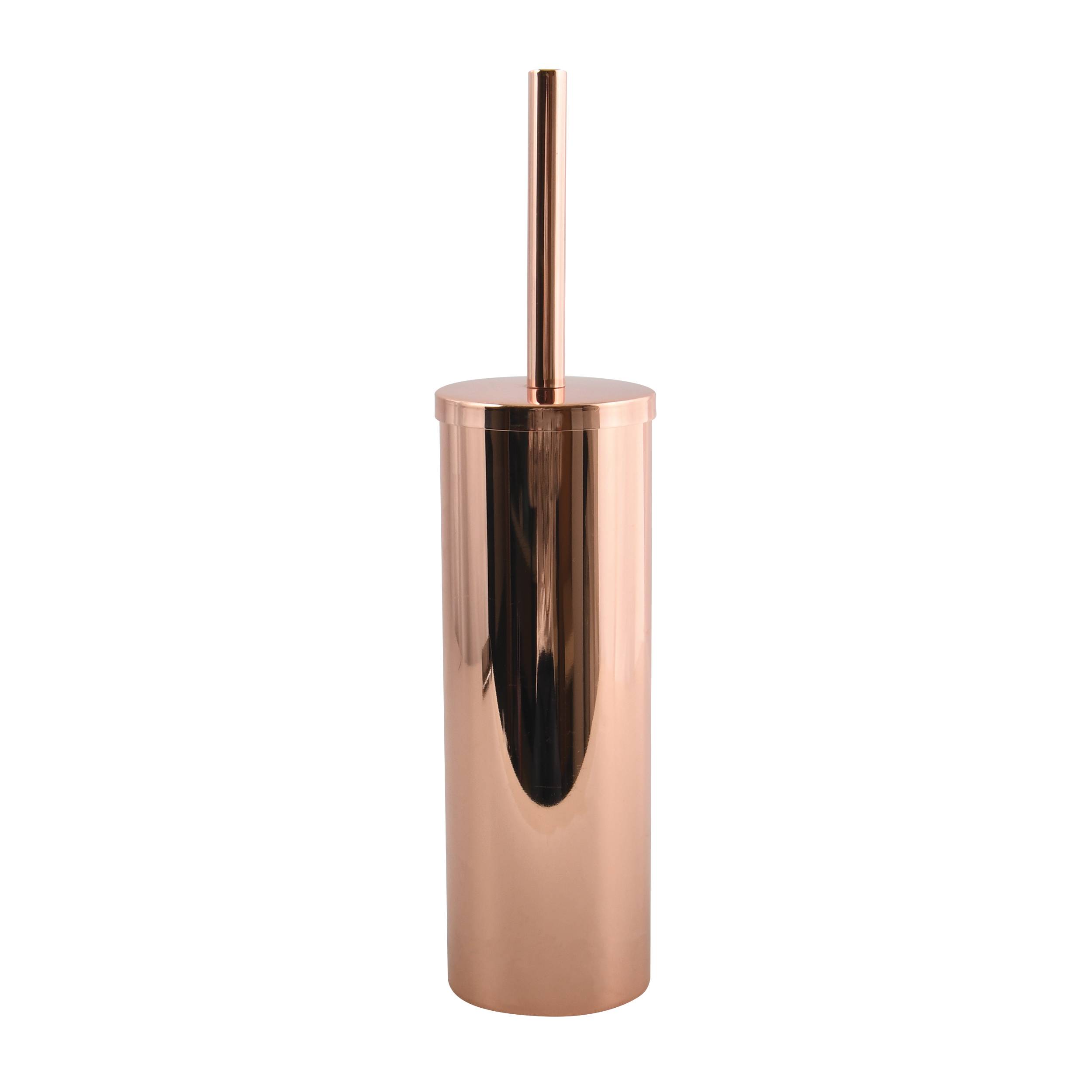 Roségoldener Toilettenbürstenhalter mit langem vertikalem Griff, isoliert auf weißem Hintergrund dargestellt.