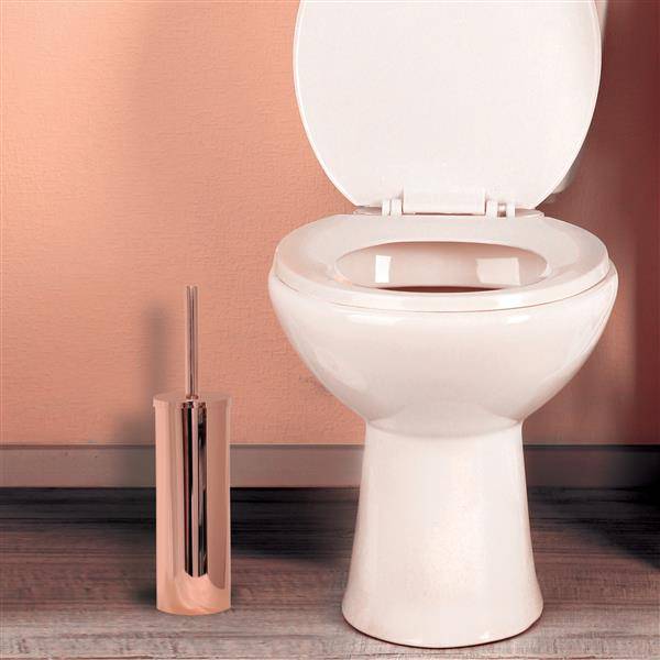 Weißes Toilettenbecken mit hochgeklapptem Sitz neben einem rosé-goldenem Toilettenbürsten-Halter auf einem Holzboden vor einer rosa Wand.
