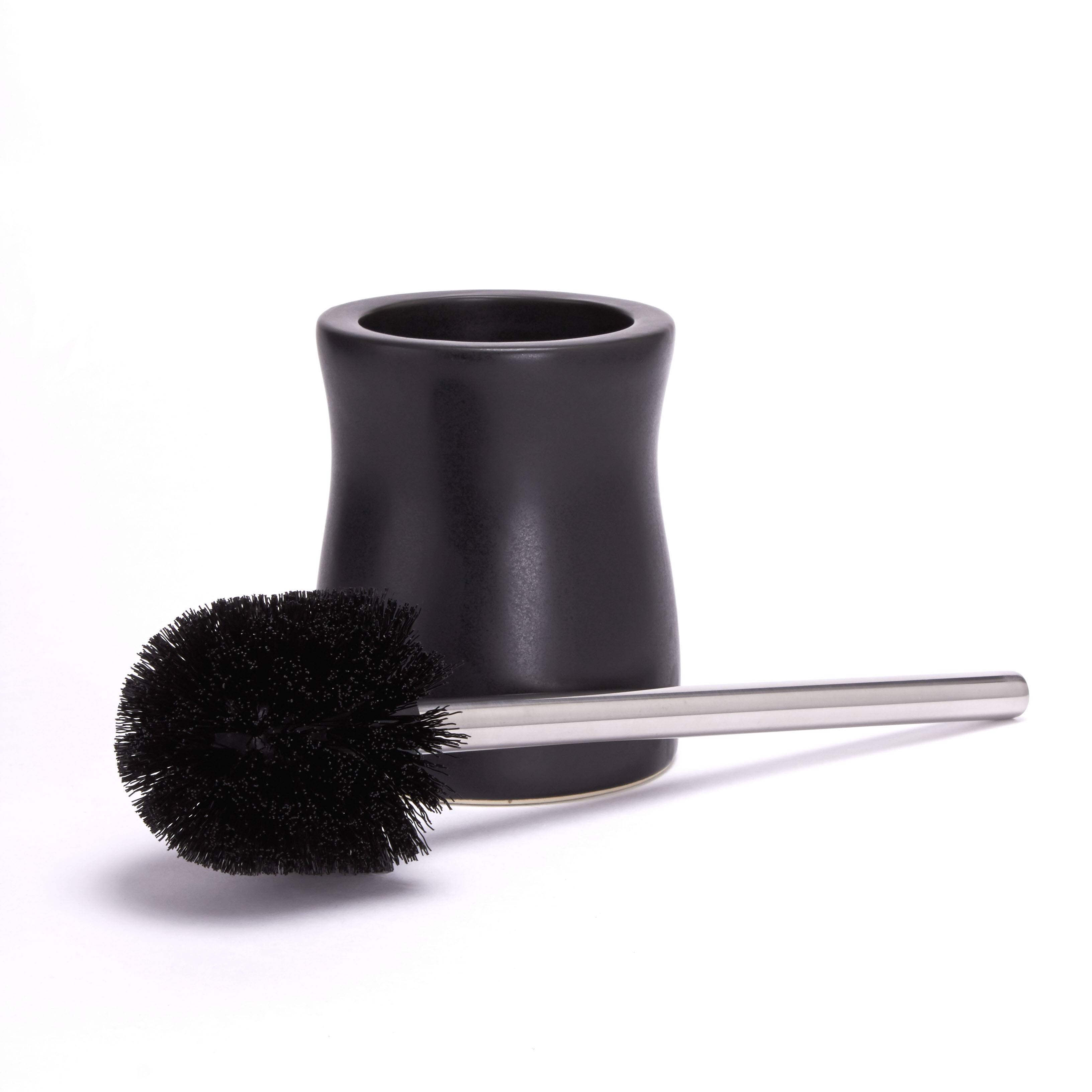 Schwarze Toilettenbürste mit silbernem Griff und passendem Behälter auf weißem Hintergrund.