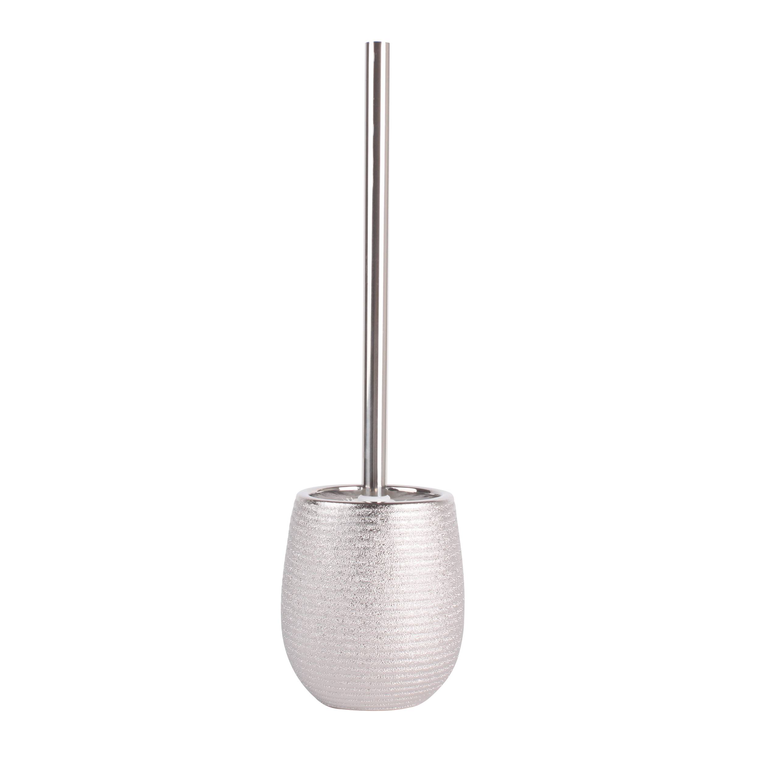 Silberner Toilettenbürstenhalter mit langem Metallgriff auf weißem Hintergrund.