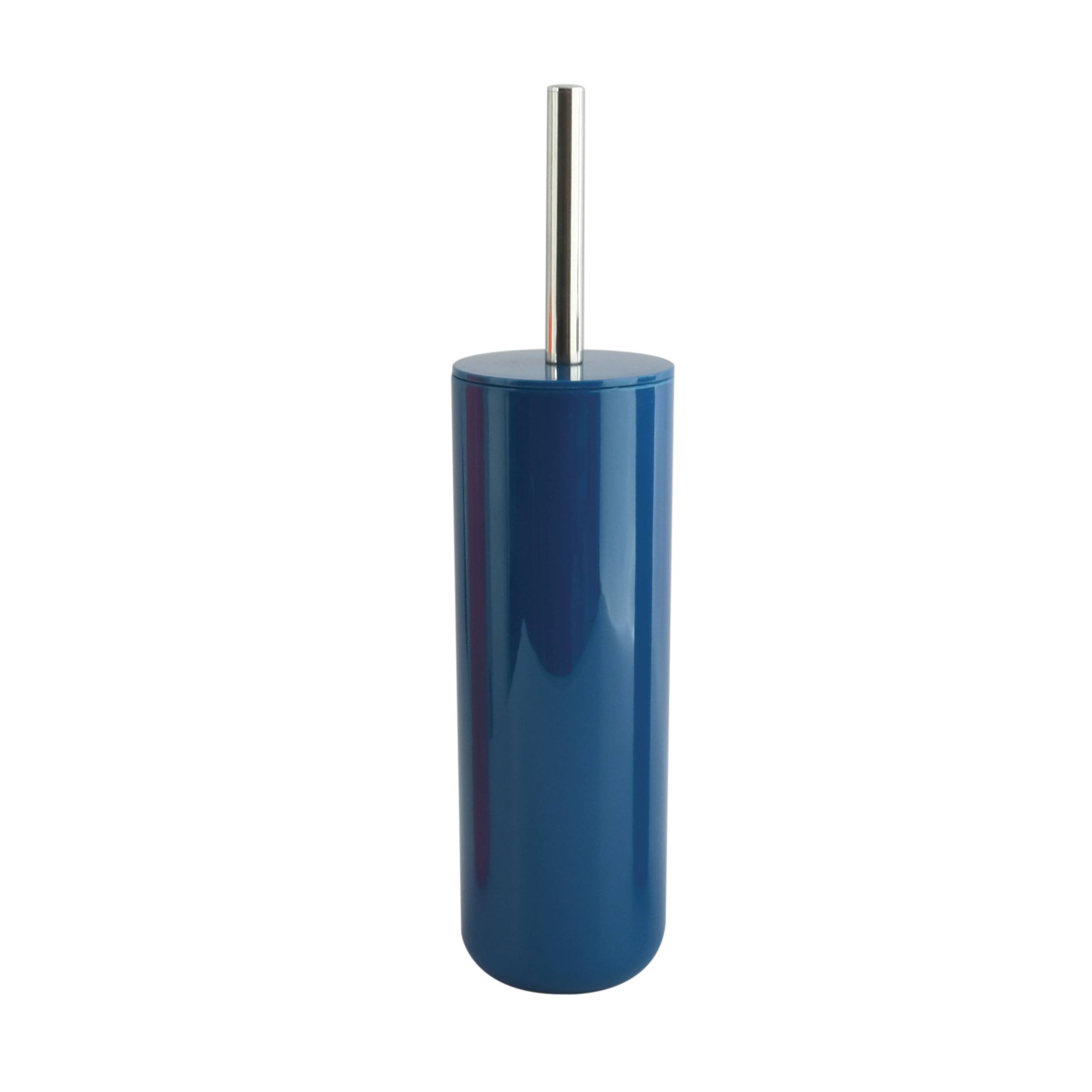 Blauer zylindrischer WC-Bürstenhalter mit silberfarbenem Griff auf weißem Hintergrund.