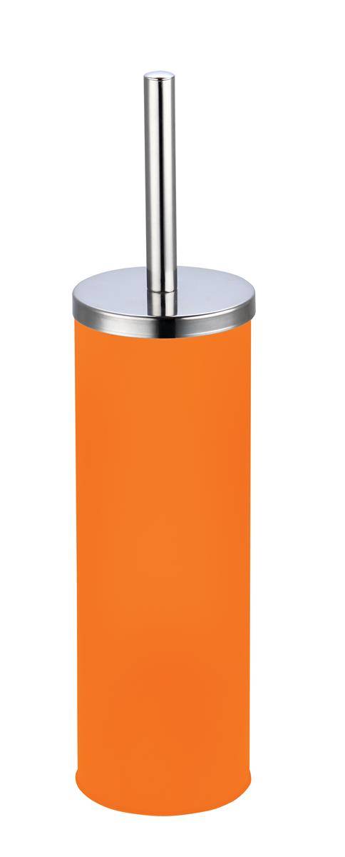 Orange zylindrischer Toilettenbürstenhalter mit verchromtem Deckel und Griff auf weißem Hintergrund