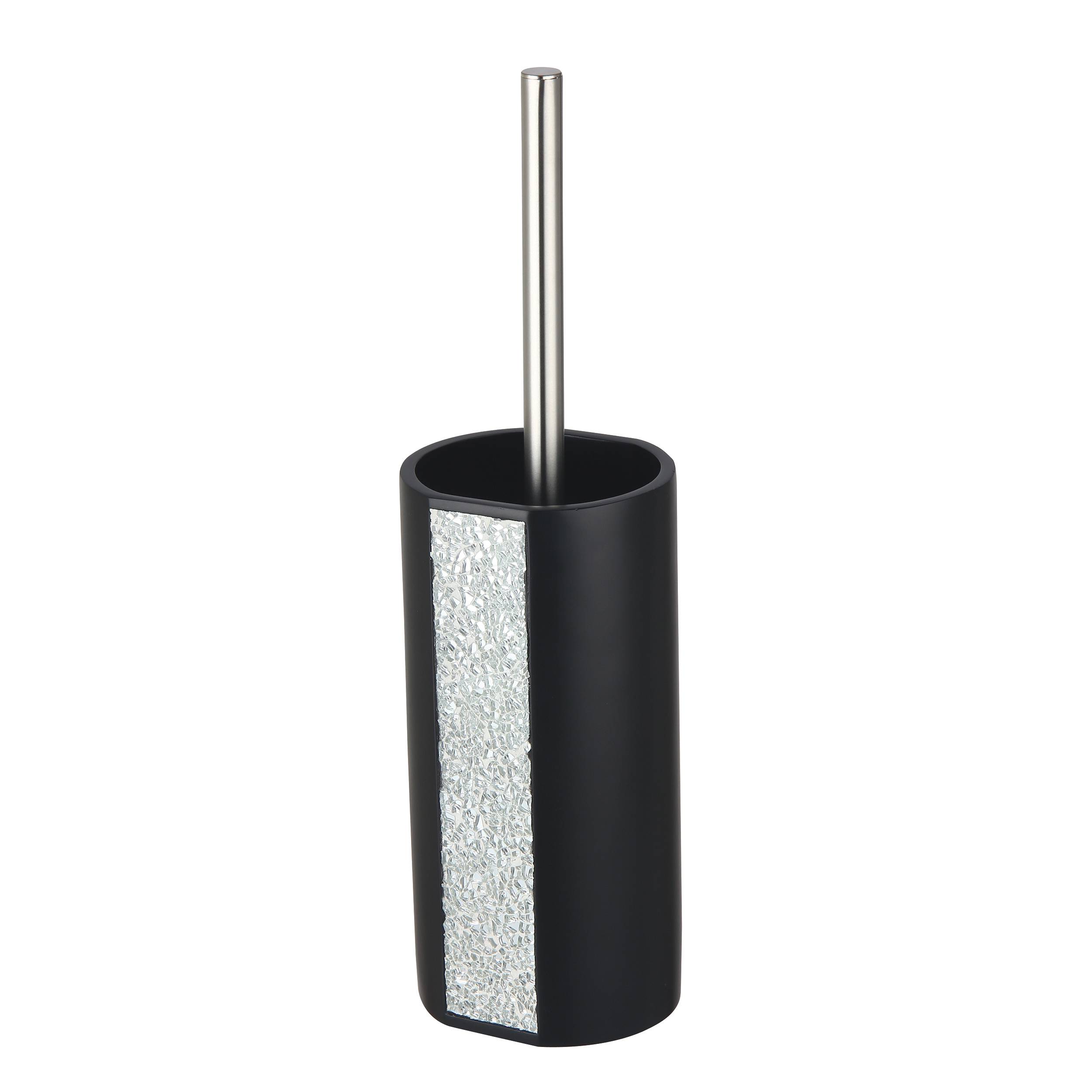 Schwarzer Toilettenbürstenhalter mit metallischem Griff und strukturiertem silbernem Seitenpanel auf weißem Hintergrund.