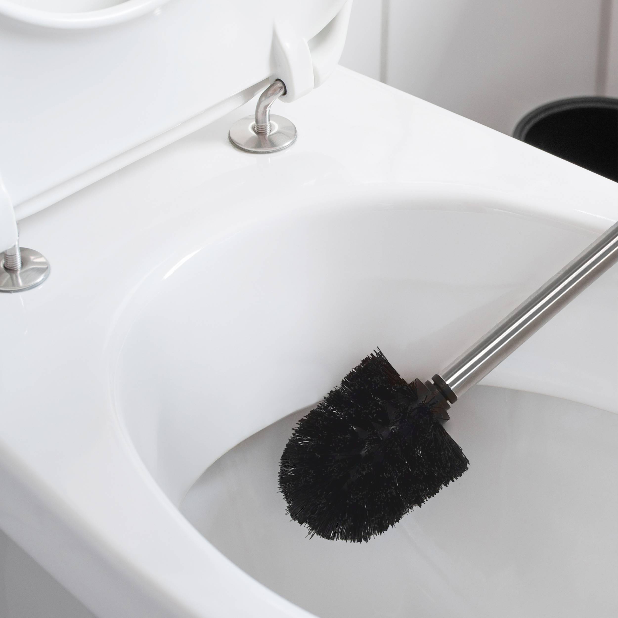 Toilettenschüssel mit einer schwarzen Toilettenbürste, die darin ruht und auf Reinigung oder Wartung hindeutet.