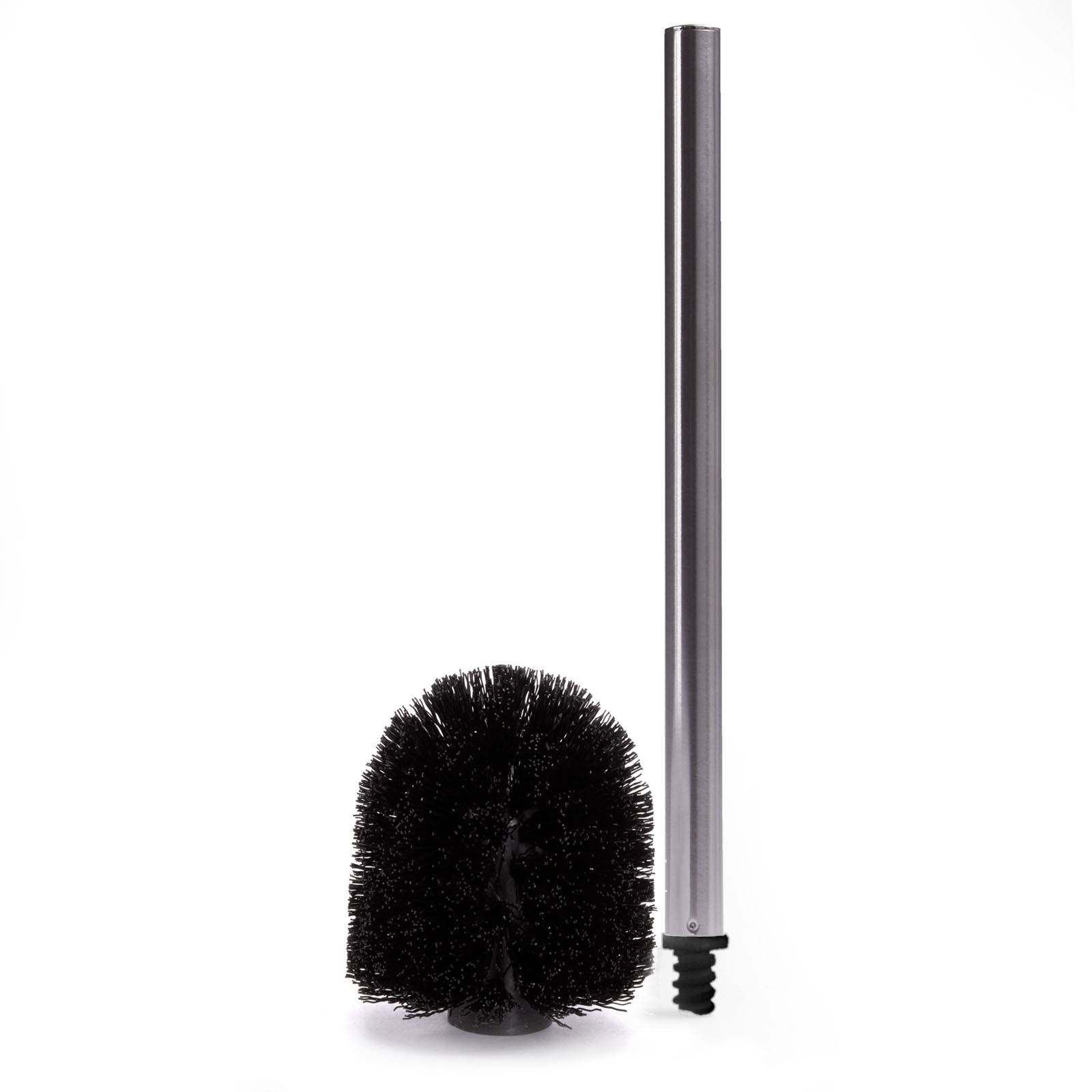 Toilettenbürsten-Set mit schwarzem Bürstenkopf und langem silbernem Griff auf weißem Hintergrund.
