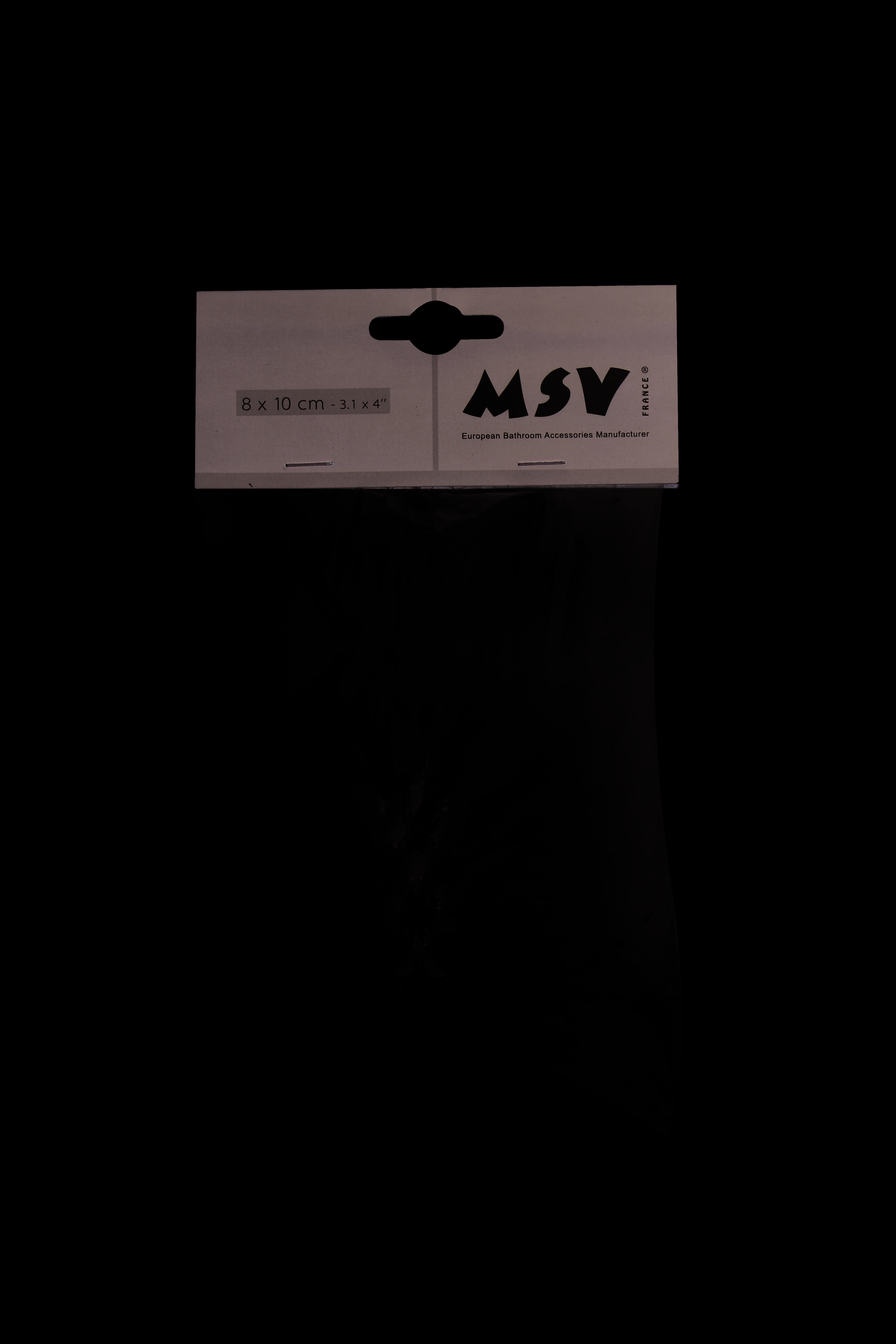 Durchsichtige, wiederverschließbare Kunststoffbeutelverpackung mit schwarzer Kopfleiste beschriftet mit „MSV" und Größe „8 x 10 cm"" auf weißem Hintergrund.