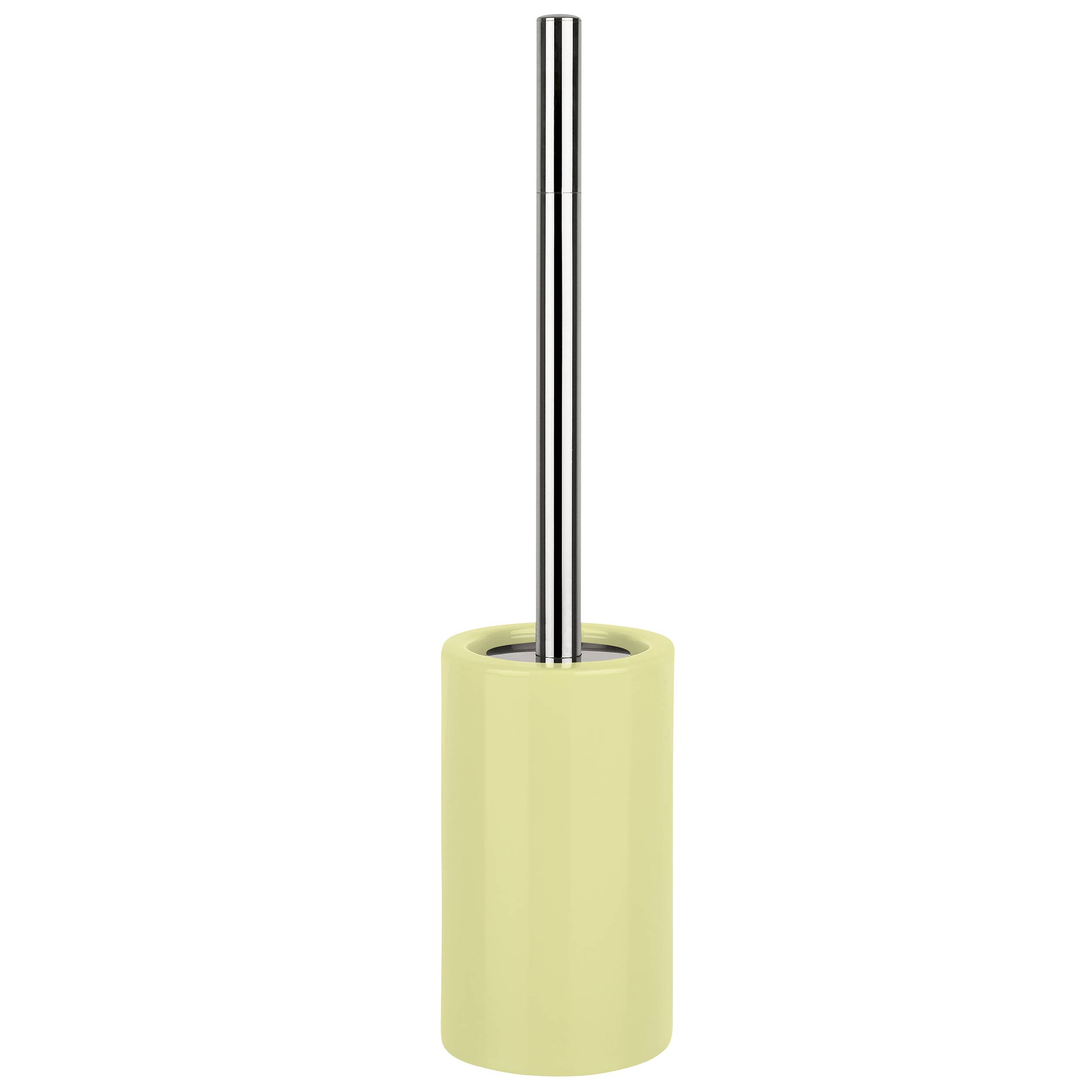 Eine Toilettenbürste mit verchromtem Griff, die in einem hellgelben zylindrischen Behälter auf weißem Hintergrund steht.