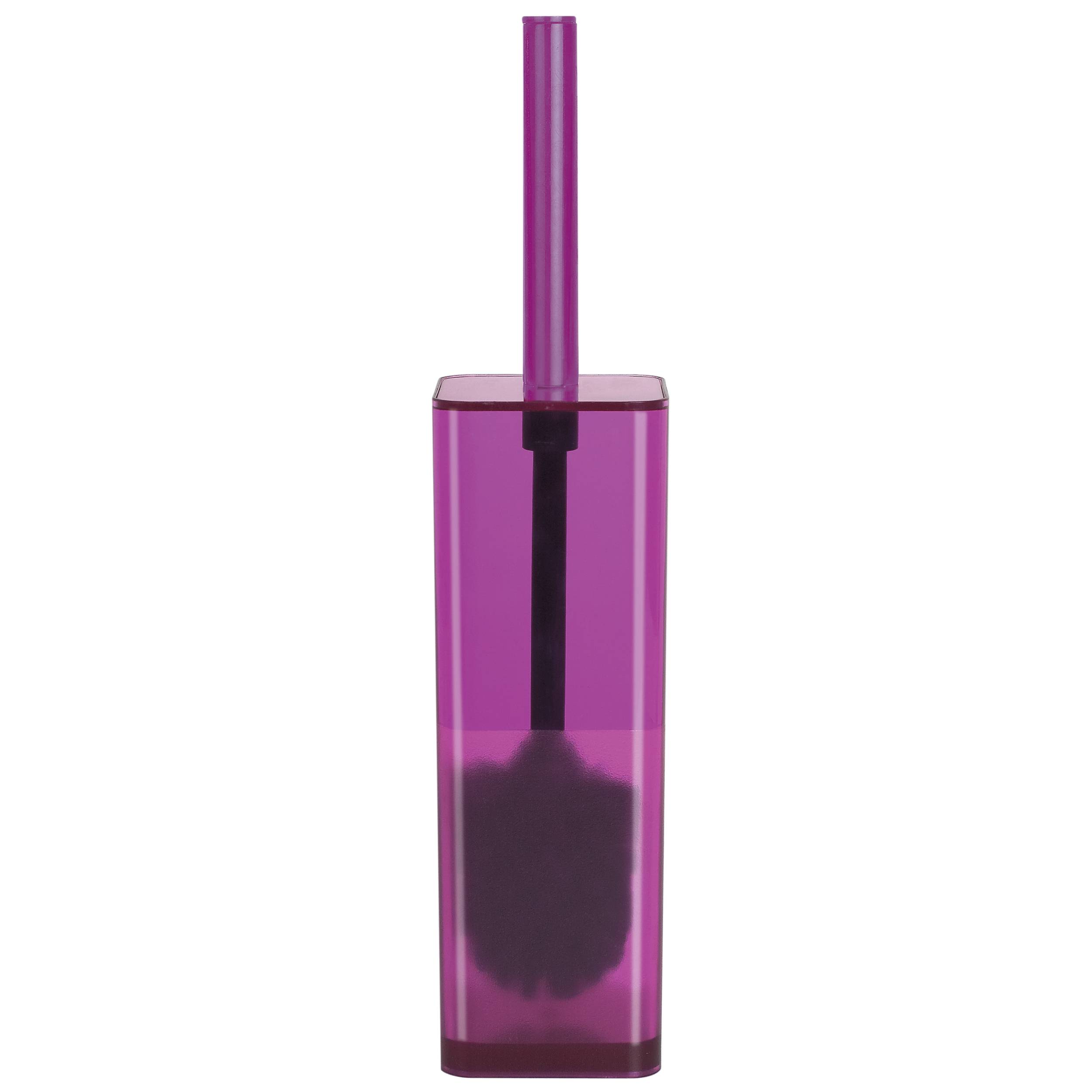 Violette Toilettenbürste in einem rechteckigen Behälter mit langem Griff, isoliert auf weißem Hintergrund.