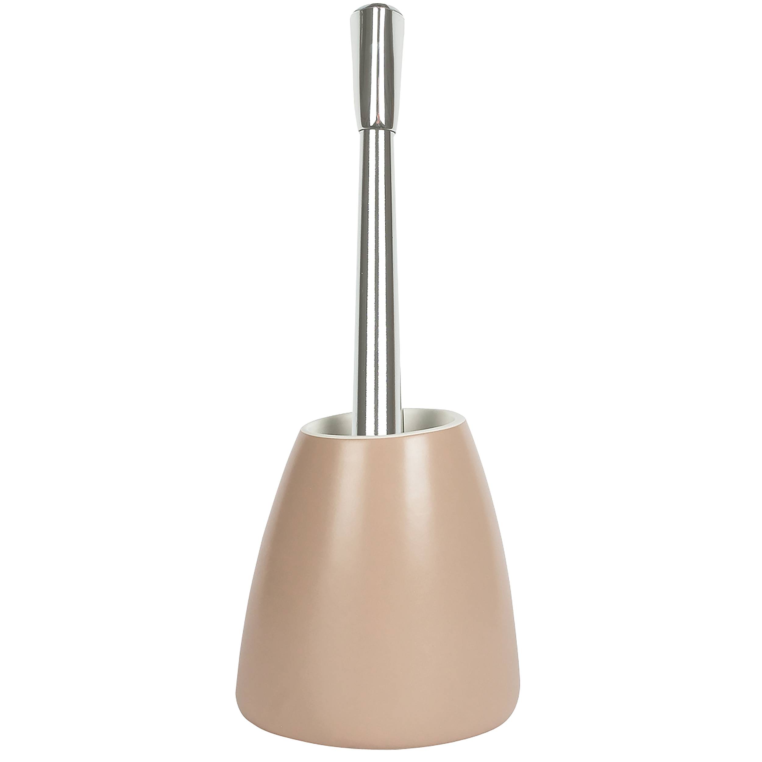 Toilettenbürste mit beige Halter und silbernem Griff auf weißem Hintergrund.