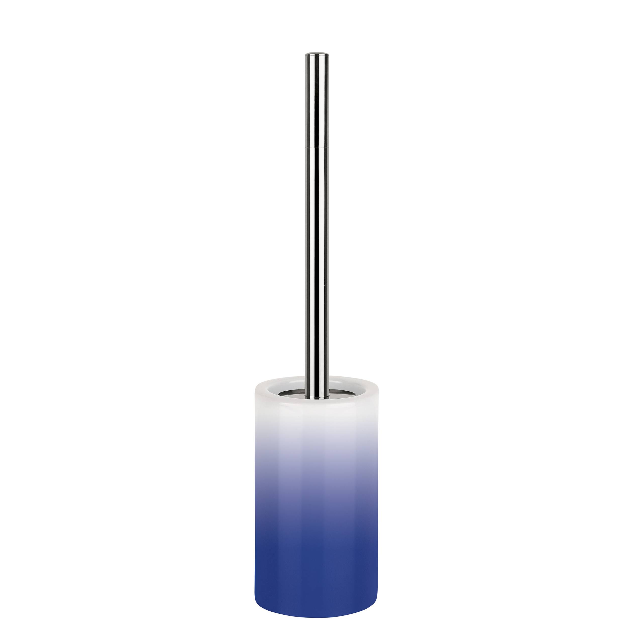 Blauer zylindrischer Toilettenbürstenhalter mit langem Chromgriff, aufrecht auf weißem Hintergrund stehend.