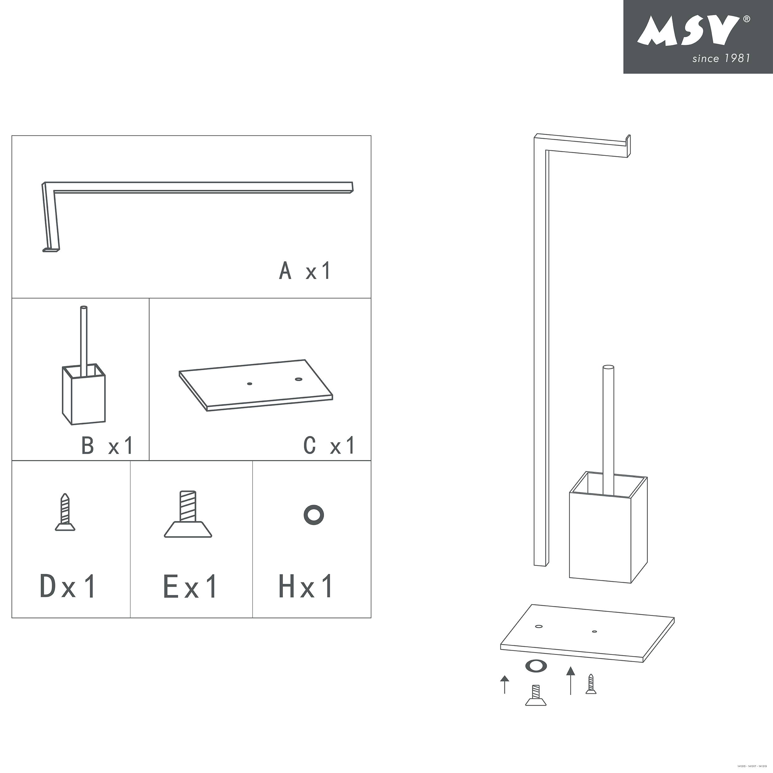 Explosionszeichnung für eine MSV-Toilettenbürsten-Halterung, die Teile A-H zeigt und wie Stange, Basis, Platte, Schrauben und Stöpsel zusammenpassen.