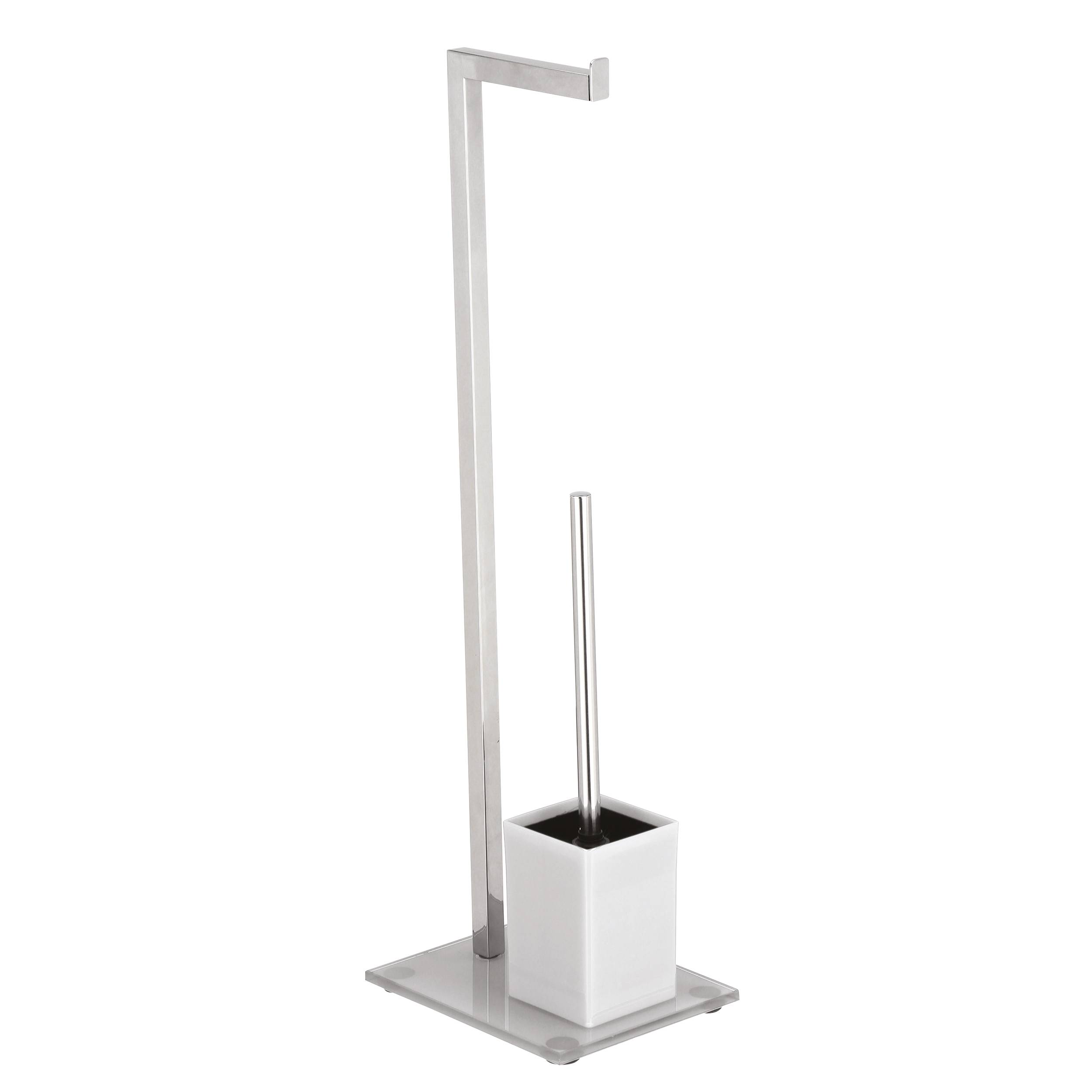 Moderner Toilettenbürsten-Halter aus Edelstahl mit quadratischer weißer Basis und vertikalem Griff, gezeigt auf weißem Hintergrund.