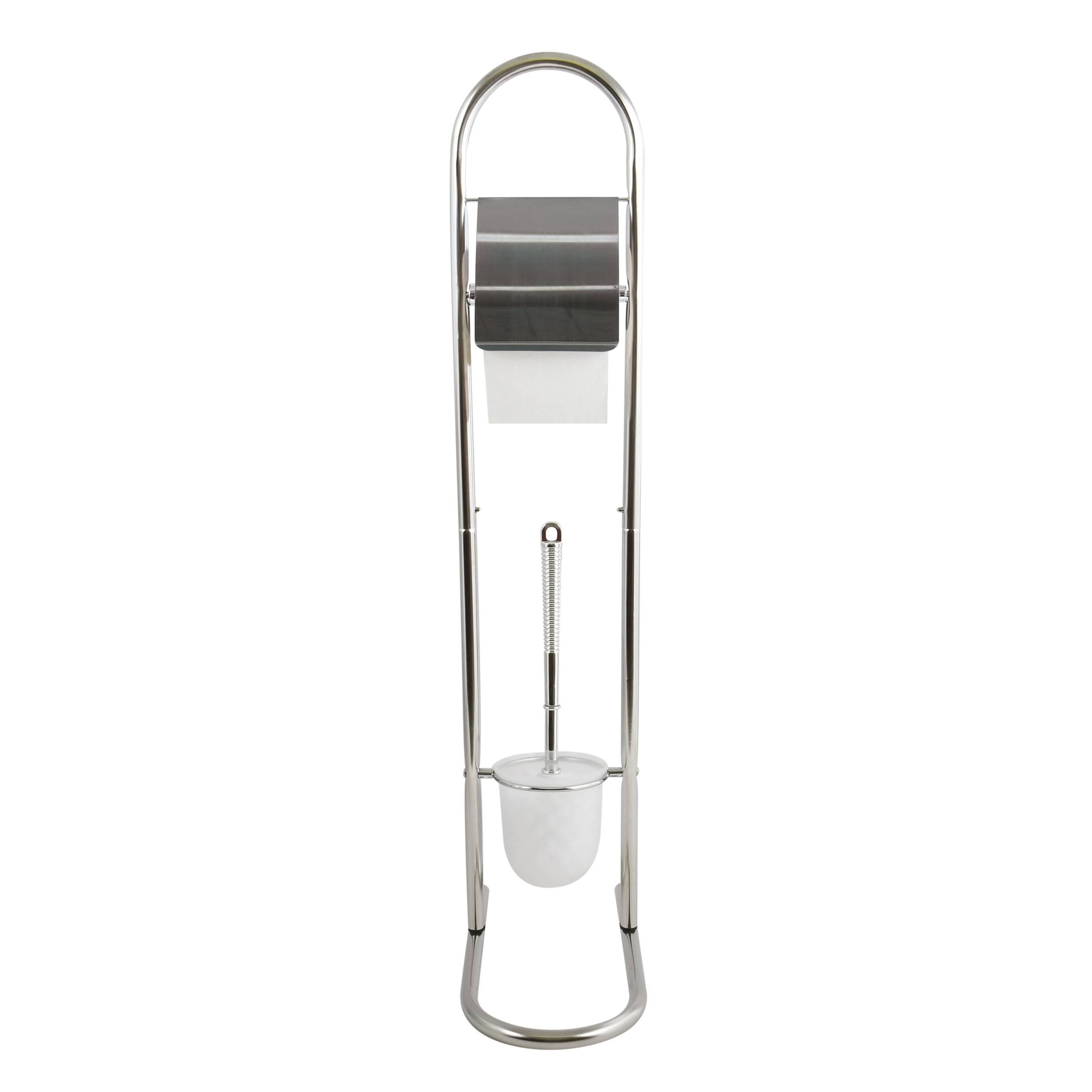 Chrome-Toilettenbürsenhalter mit Bürste und Toilettenpapierrolle auf einem hohen freistehenden Ständer vor weißem Hintergrund