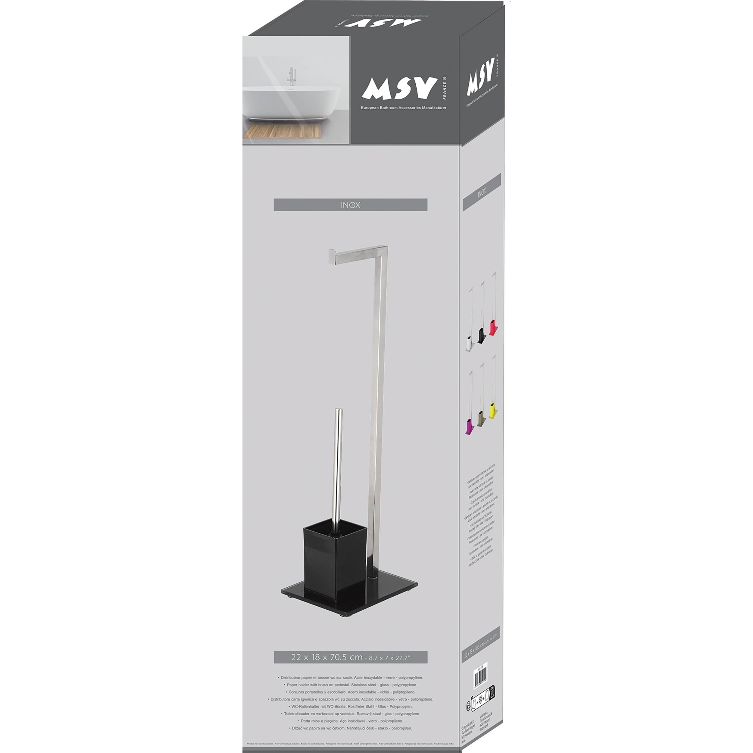 Foto einer verpackten MSV-Toilettenbürste mit weißer und schwarzer Verpackung, auf der die Bürste und der Halter auf der Vorderseite gezeigt werden.
