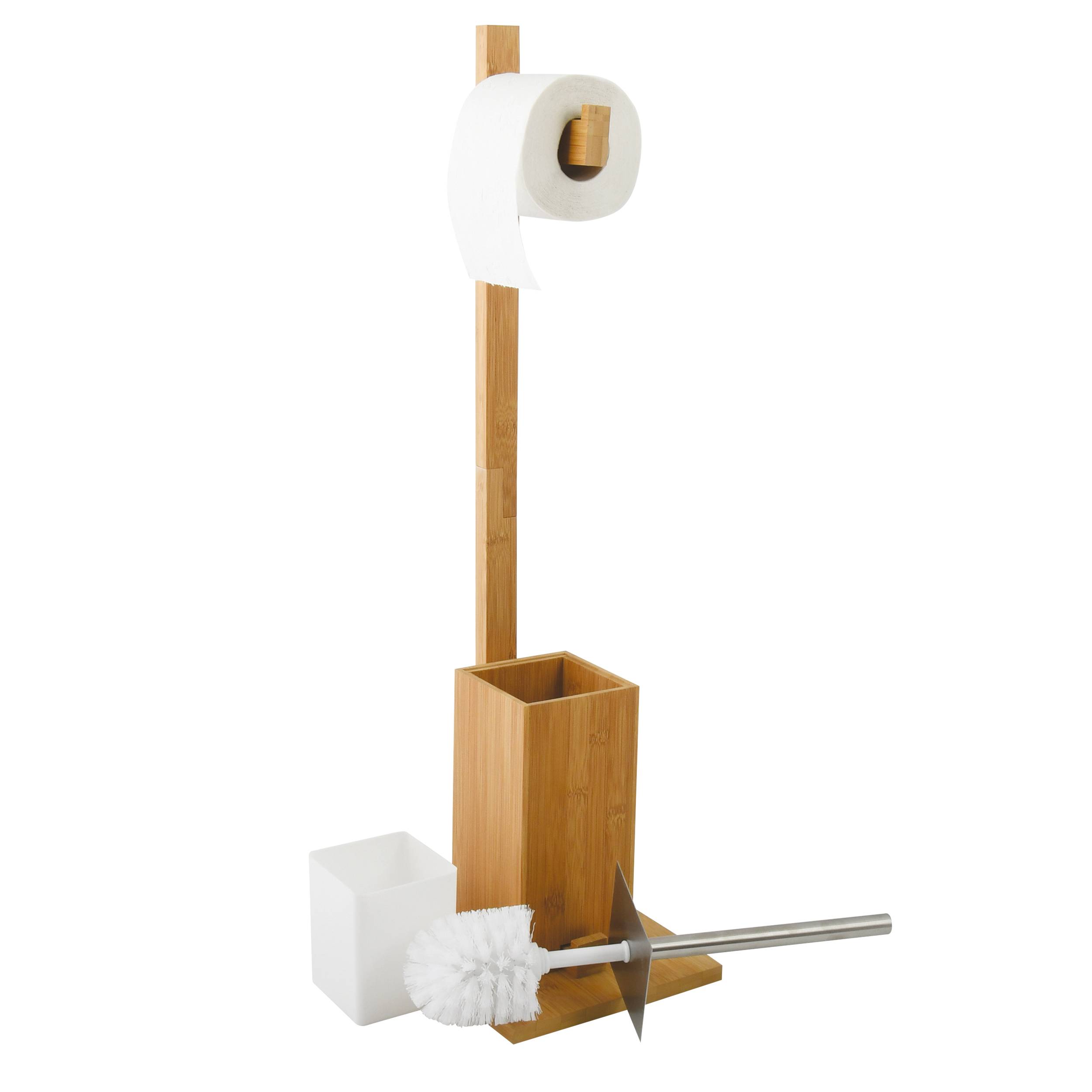 Toilettenpapierhalter mit Ersatzrolle, Bürste und quadratischer Aufbewahrungsbasis auf einem Holzständer.