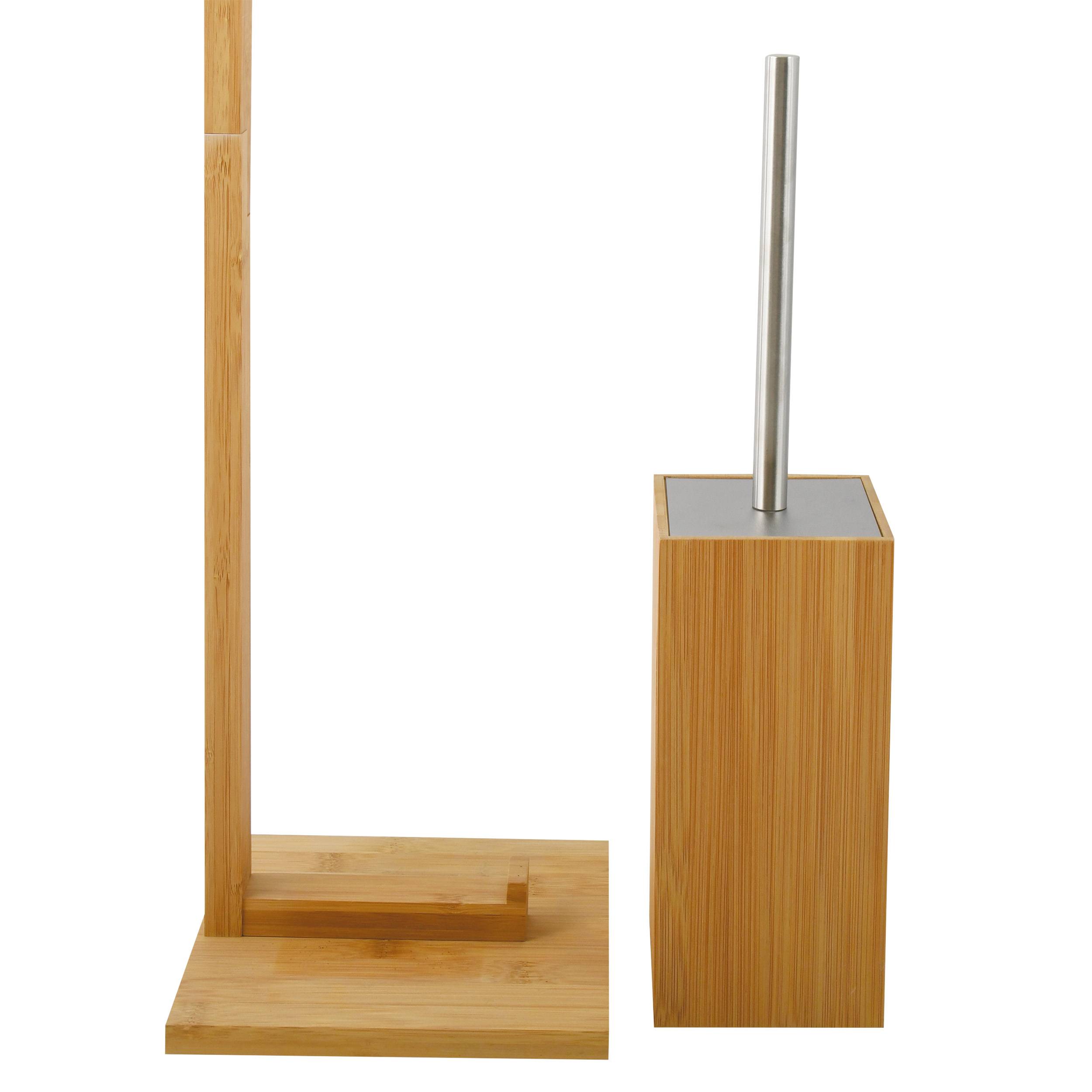 Holzset für Toilettenpapierhalter und passender Bürstenhalter mit Bambusfinish auf weißem Hintergrund.