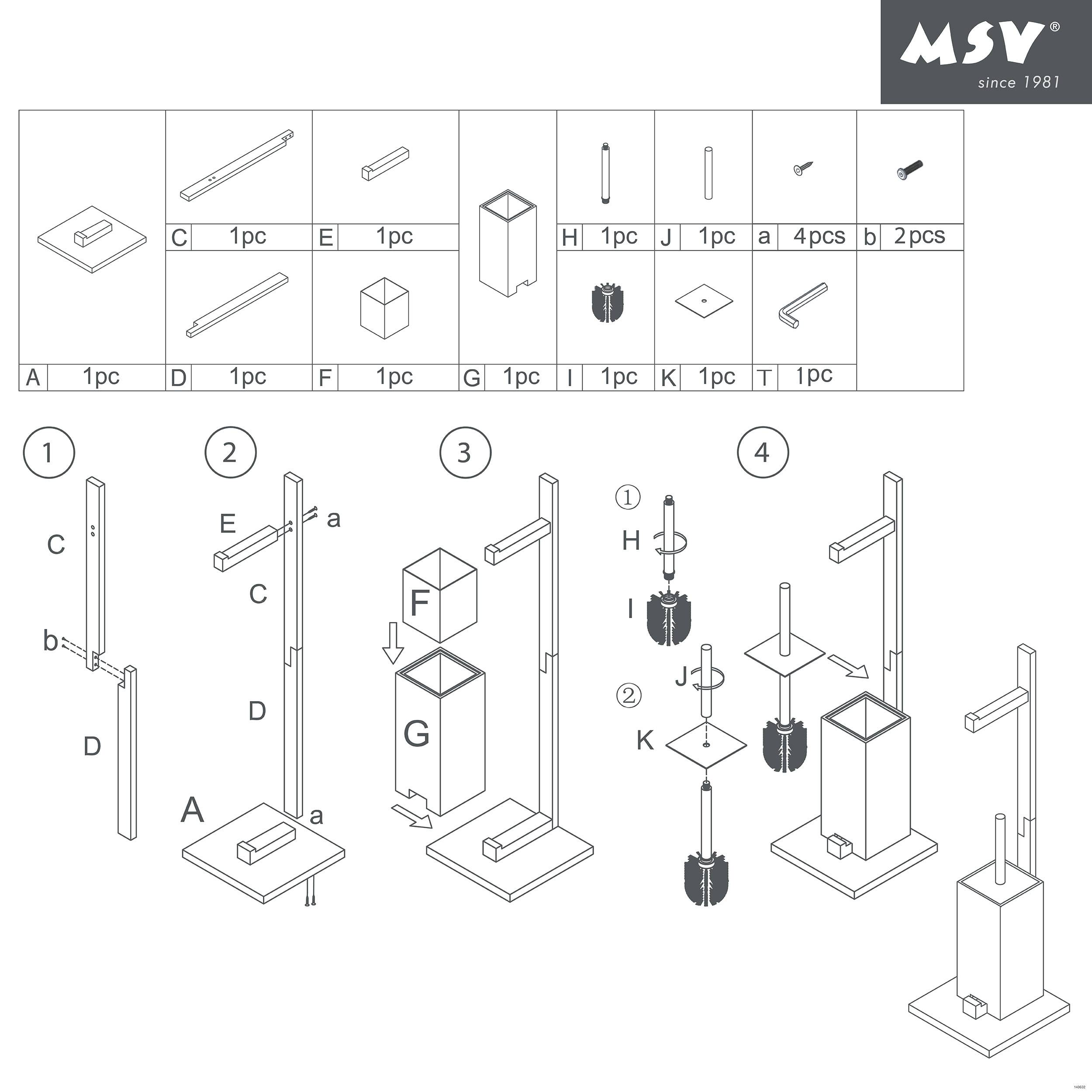 Montageanleitung für eine MSV-Stehleuchte mit Teileliste und vier nummerierten Schritten zum Anbringen des Sockels, des Mastes, der Lampenschirmhalterung und der Leuchte.