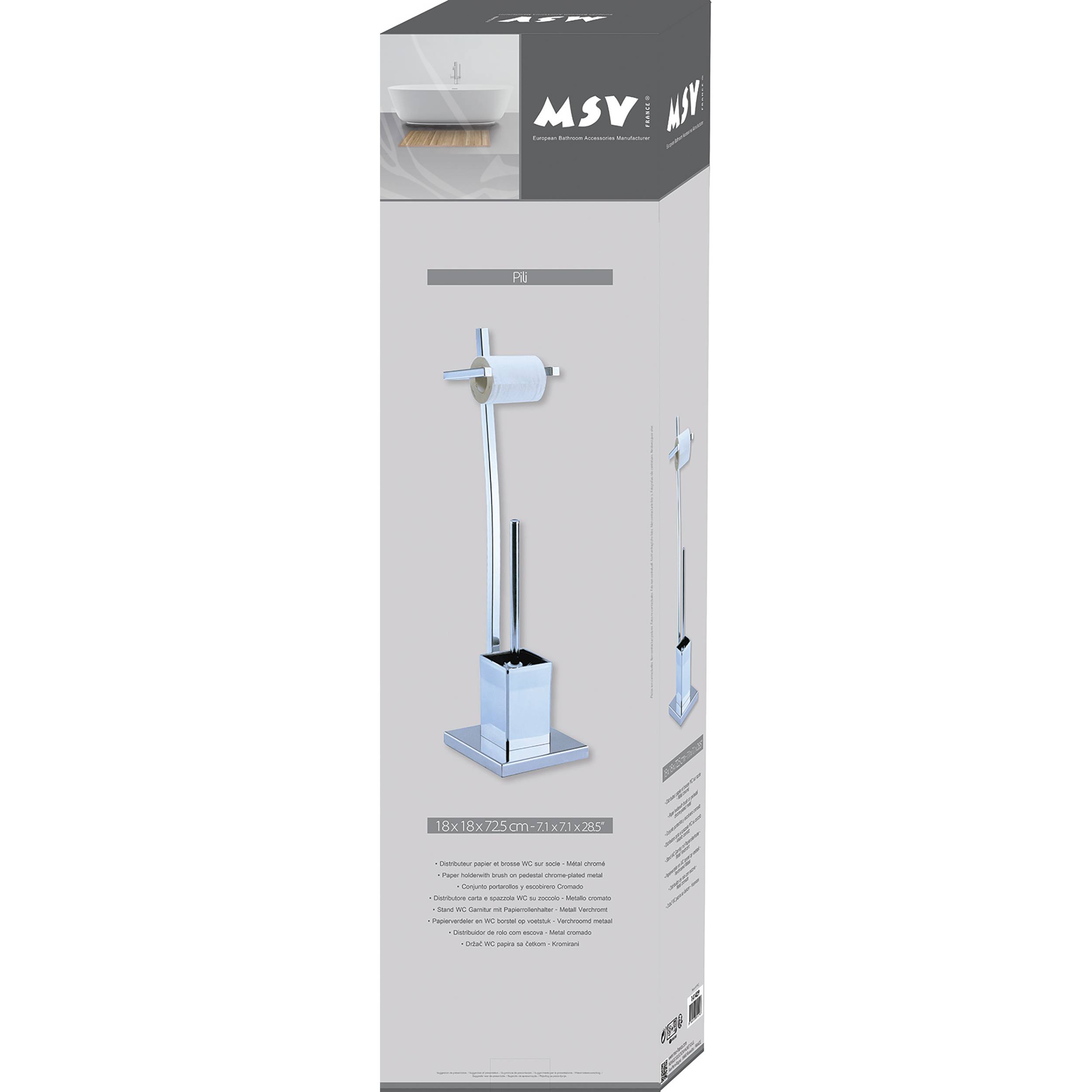 Produktkarton für einen MSV Toilettenpapierhalter und Ersatzrollenständer, gezeigt in Silber/Weiß auf einer hohen Einzelhandelverpackung.