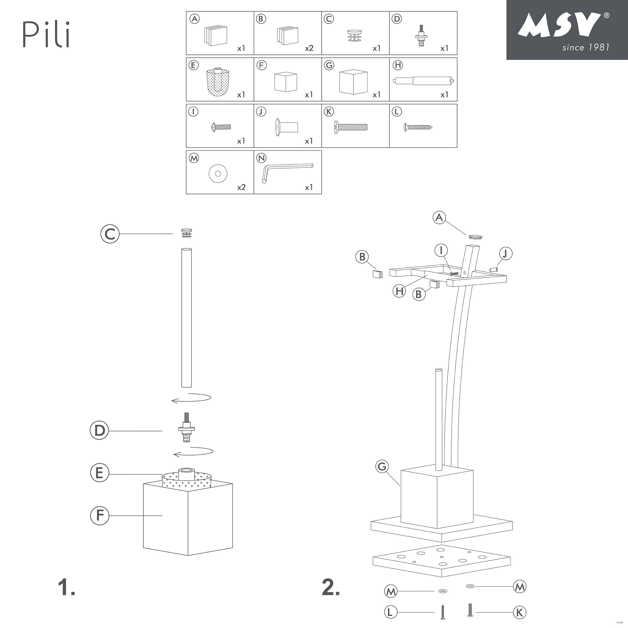Montagediagramm für die "Pili"" MSV-Vorrichtung mit gekennzeichneten Teilen und Schrauben sowie Anweisungen zum Aufbau einer an der Stange befestigten Basis und oberen Halterung.