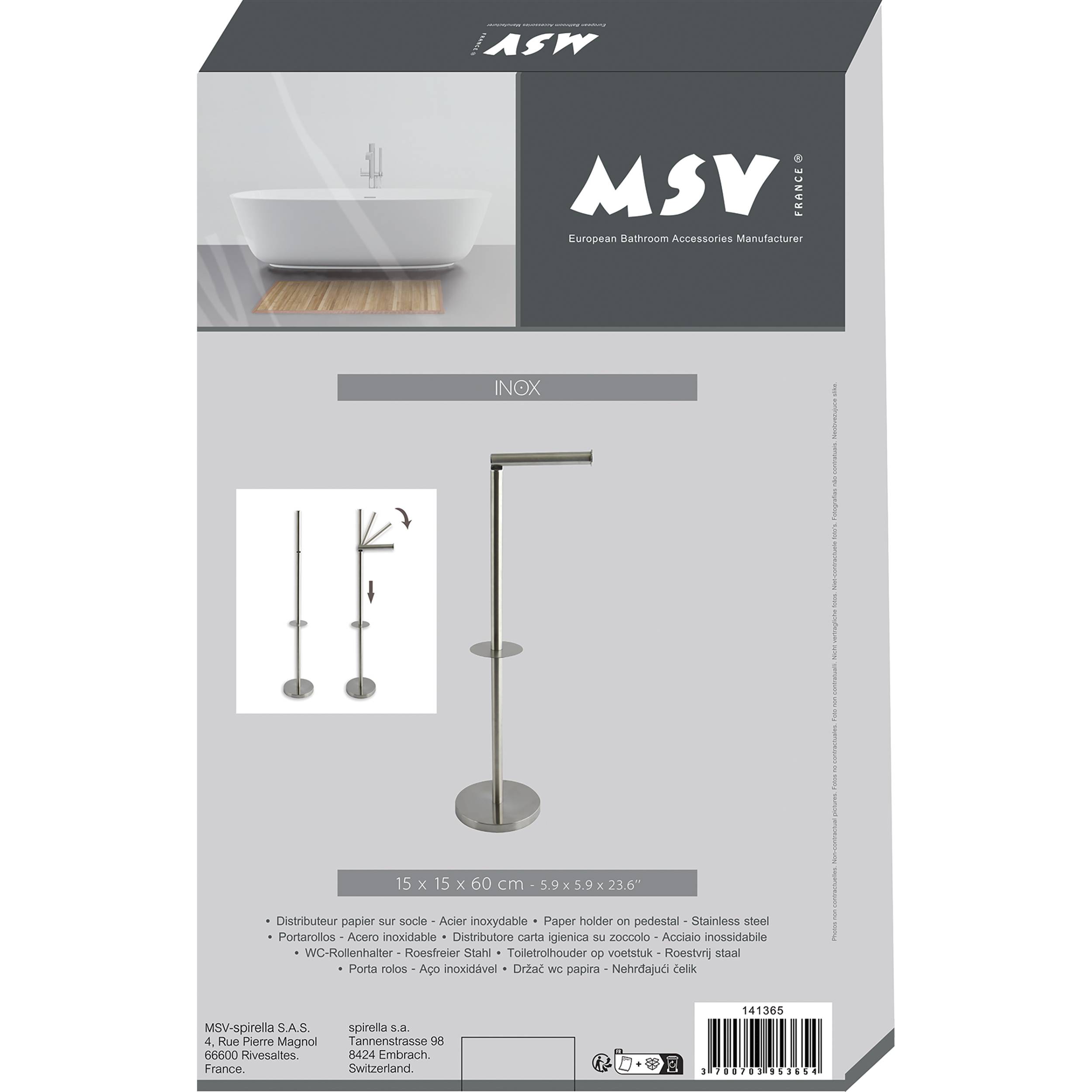 Produktverpackung für ein MSV INOX Badezimmerzubehör, das einen Toilettenpapierhalter aus Edelstahl mit Ständer und ein kleines Montageplan-Diagramm zeigt.