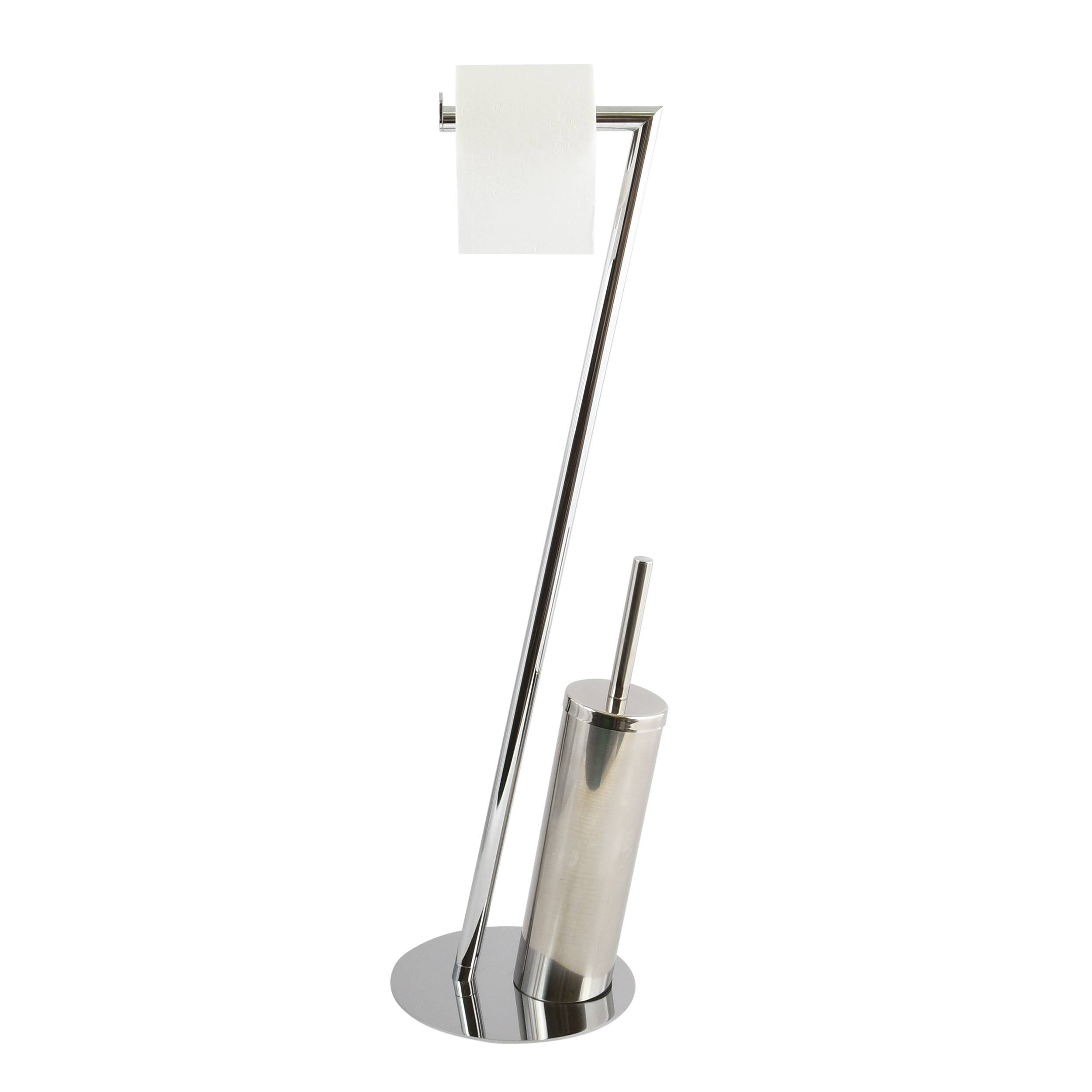 Toilettenpapierhalter aus Chrom mit einer quadratischen Papierrolle oben und einem zylindrischen Bürstenhalter auf der Basis, isoliert auf weißem Hintergrund.