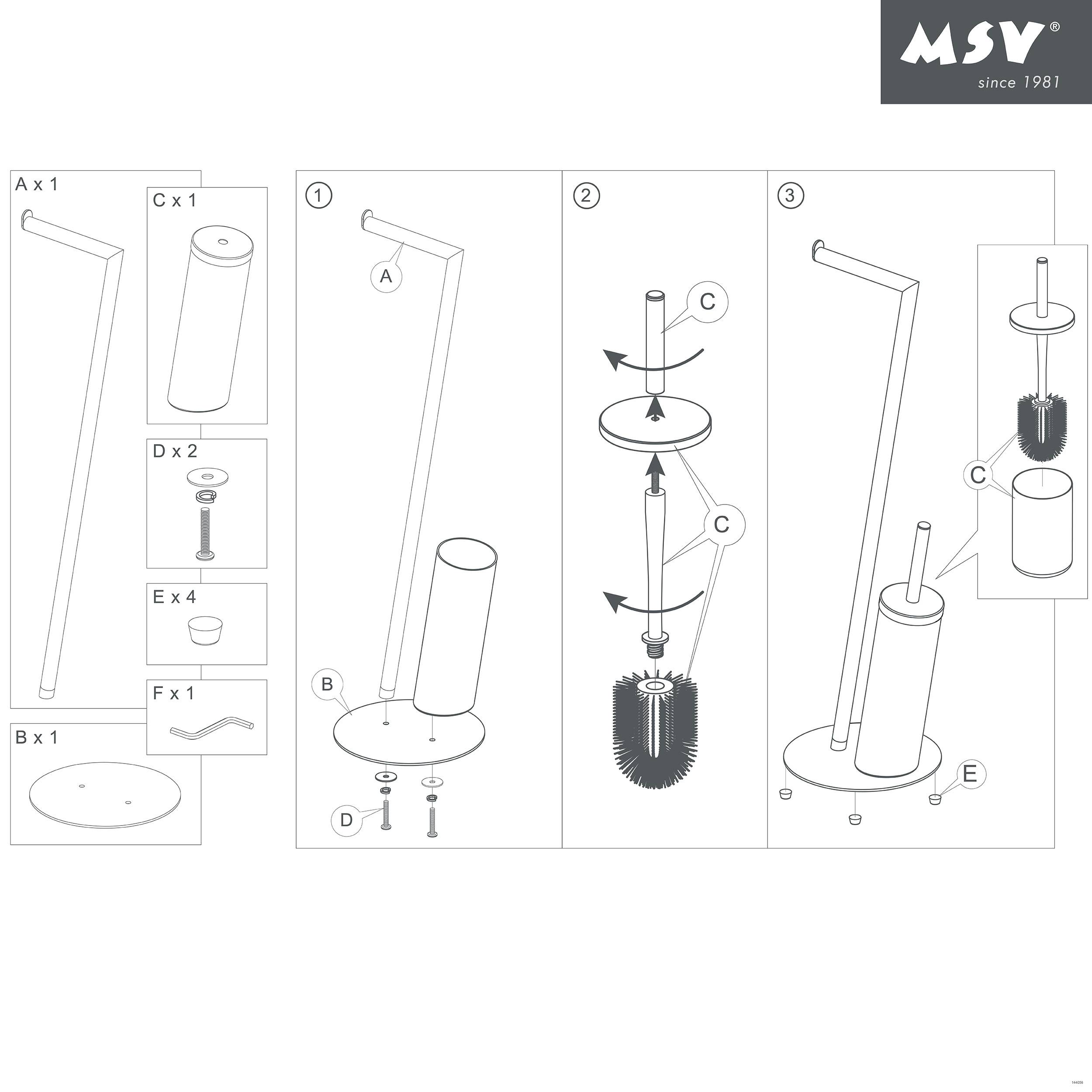 Montagediagramm für einen Toilettenbürsenhalter mit den Teilen A–F und nummerierte Schritte zum Anbringen von Griff, Bürste und Basiskomponenten.