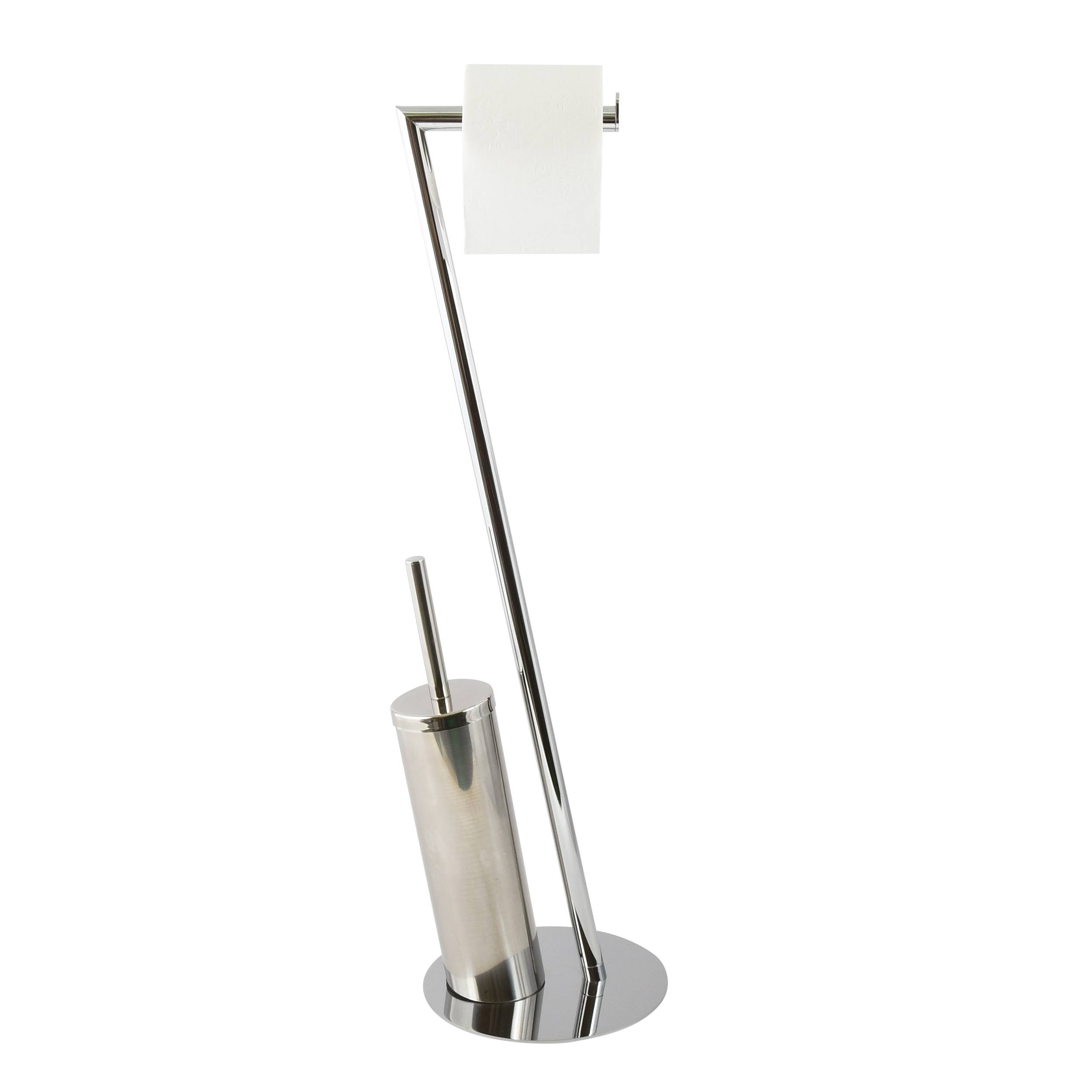Moderner Chromtoilettenpapierhalter mit integrierter Bürste und oberm Regal, isoliert auf weißem Hintergrund.