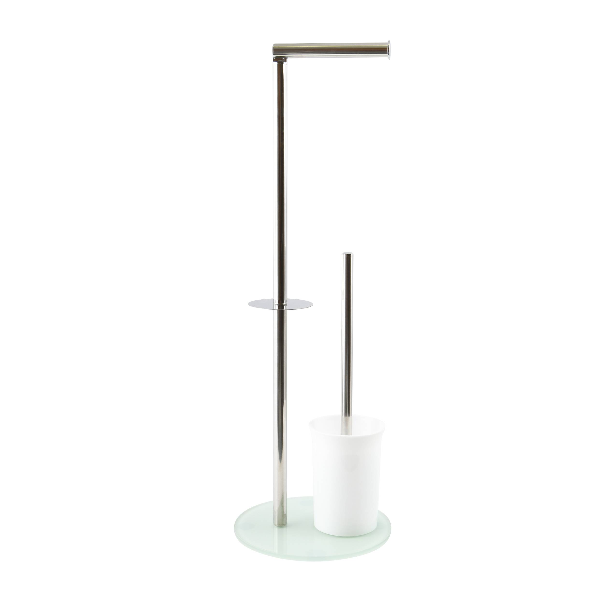 Minimalistischer Toilettenpapierhalter aus Chrom mit Toilettenbürstenbecher auf Frosted-Glass-Basis.