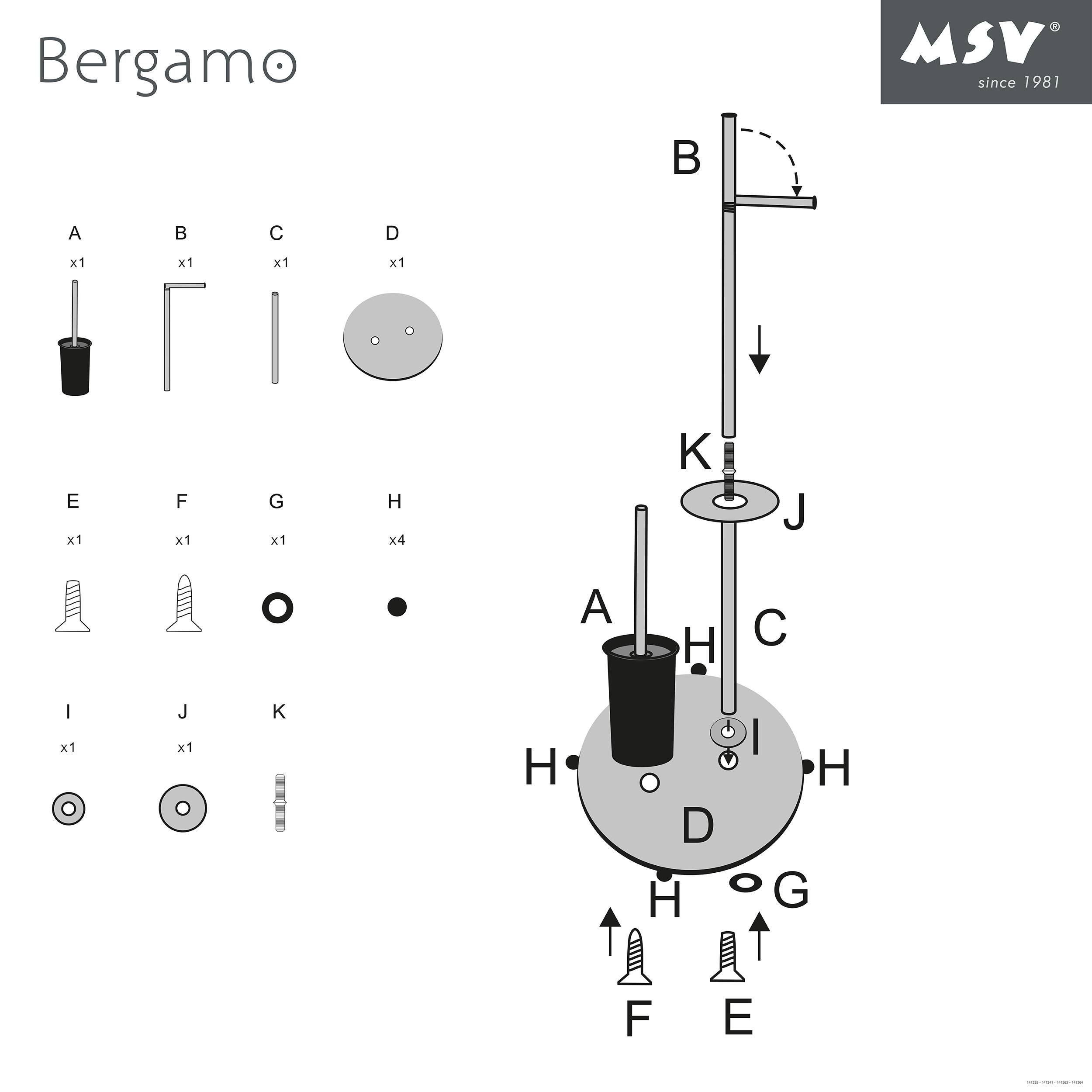 Explodierte Montagezeichnung einer MSV Bergamo Ständer- oder Schirmbasis, die beschriftete Teile A-K und Pfeile zeigt, die andeuten, wie sich die Stangen- und Basiskomponenten zusammenfügen.