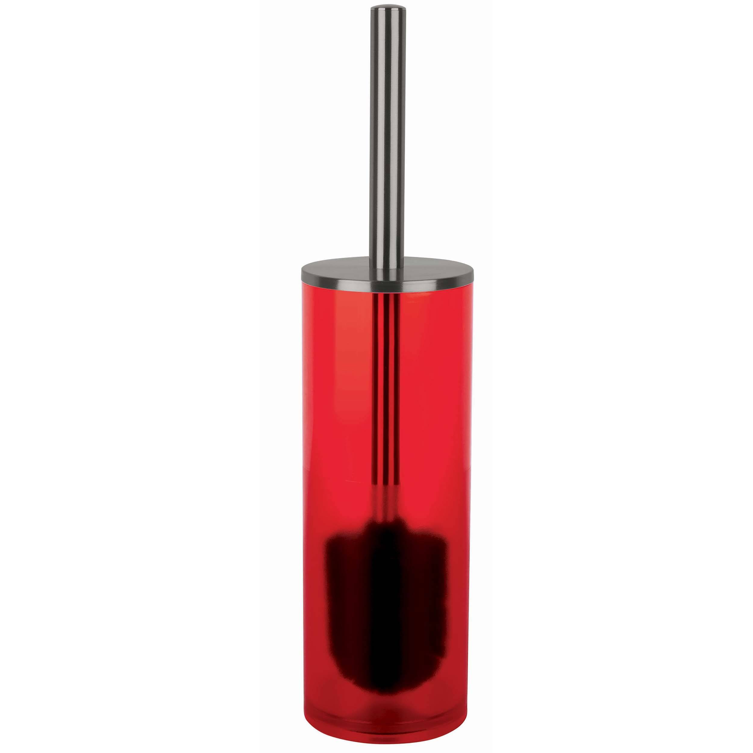 Rote Toilettenbürste mit schwarzem Griff in einem durchsichtigen zylindrischen Behälter auf weißem Hintergrund.