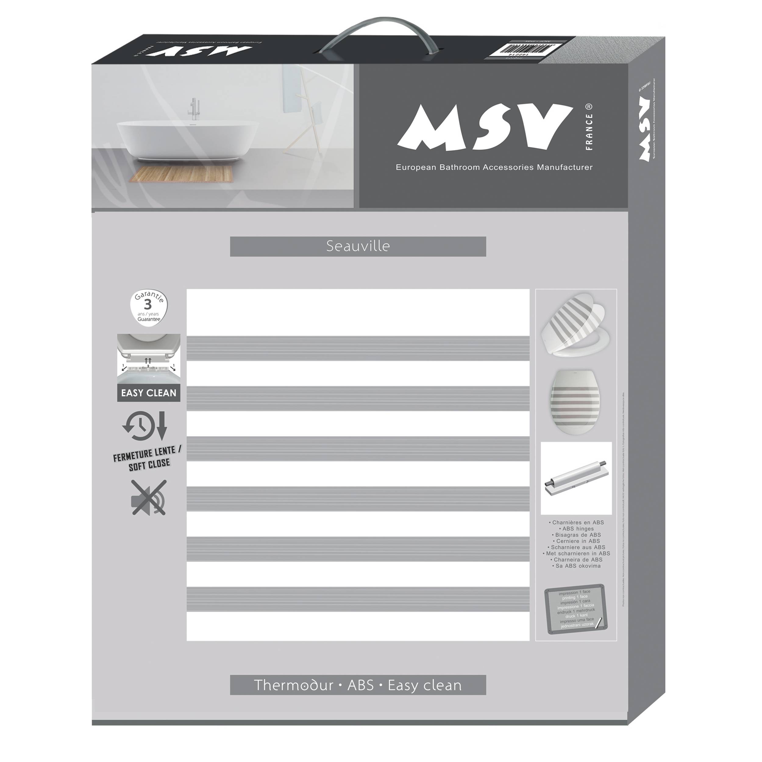 MSV 'Seauville' Badezimmer-Zubehörpaket, mit einer weiß gestreiften Badematte mit Easy Clean, Soft Close und Thermodur ABS Eigenschaften.