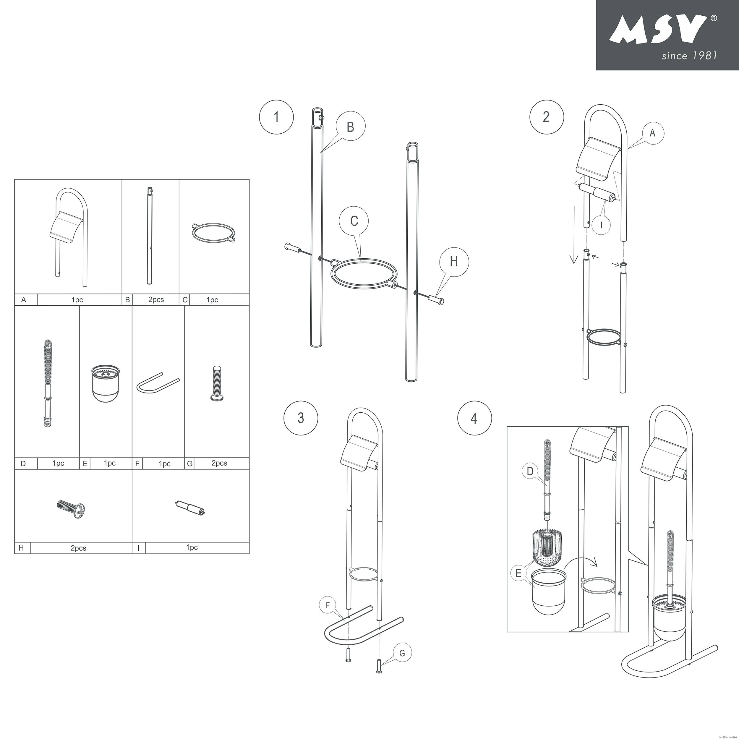 Anleitungsdiagramm für die Montage eines MSV-Toilettenbürstenhalters mit gekennzeichneten Teilen und vier schrittweise Montageschritte.