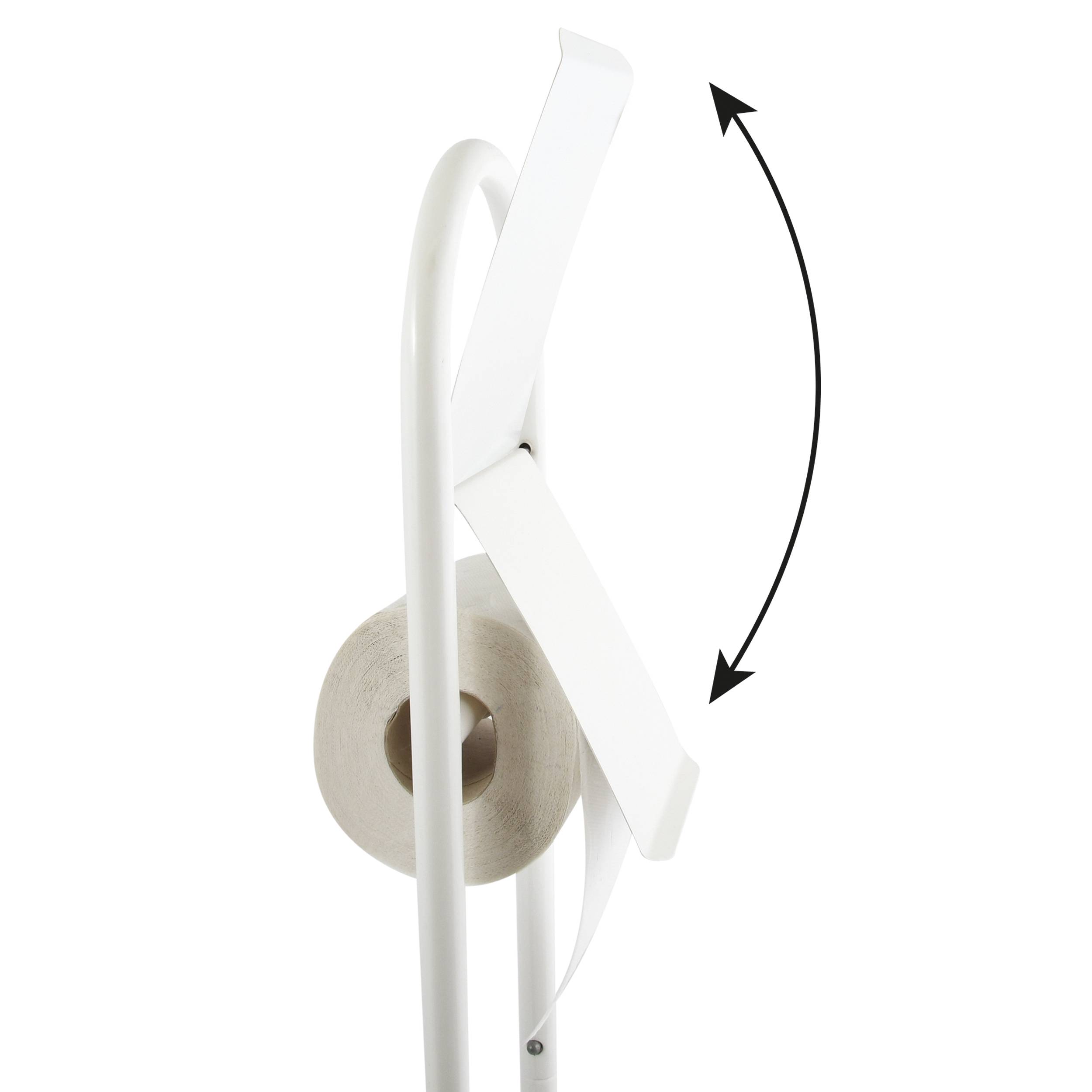 Seitenansicht eines Toilettenpapierhalters mit einer Rolle und einem Pfeil, der zeigt, dass sich der Arm zum Laden oder Entfernen nach oben und unten neigt.