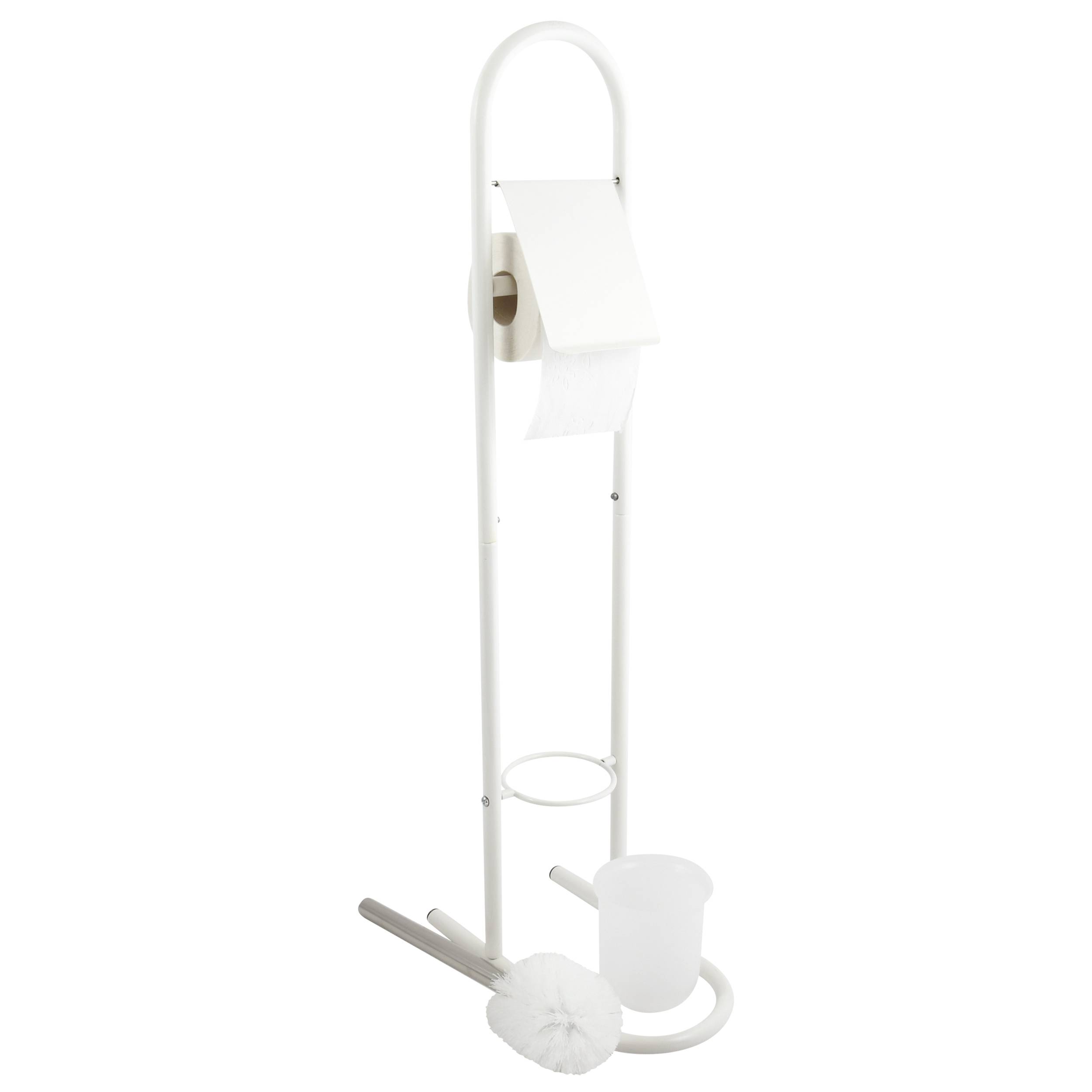 Weißes Toilettenbürsten-Halter-Set mit Toilettenpapierrolle, Bürste und Ständer auf einfachem Hintergrund.