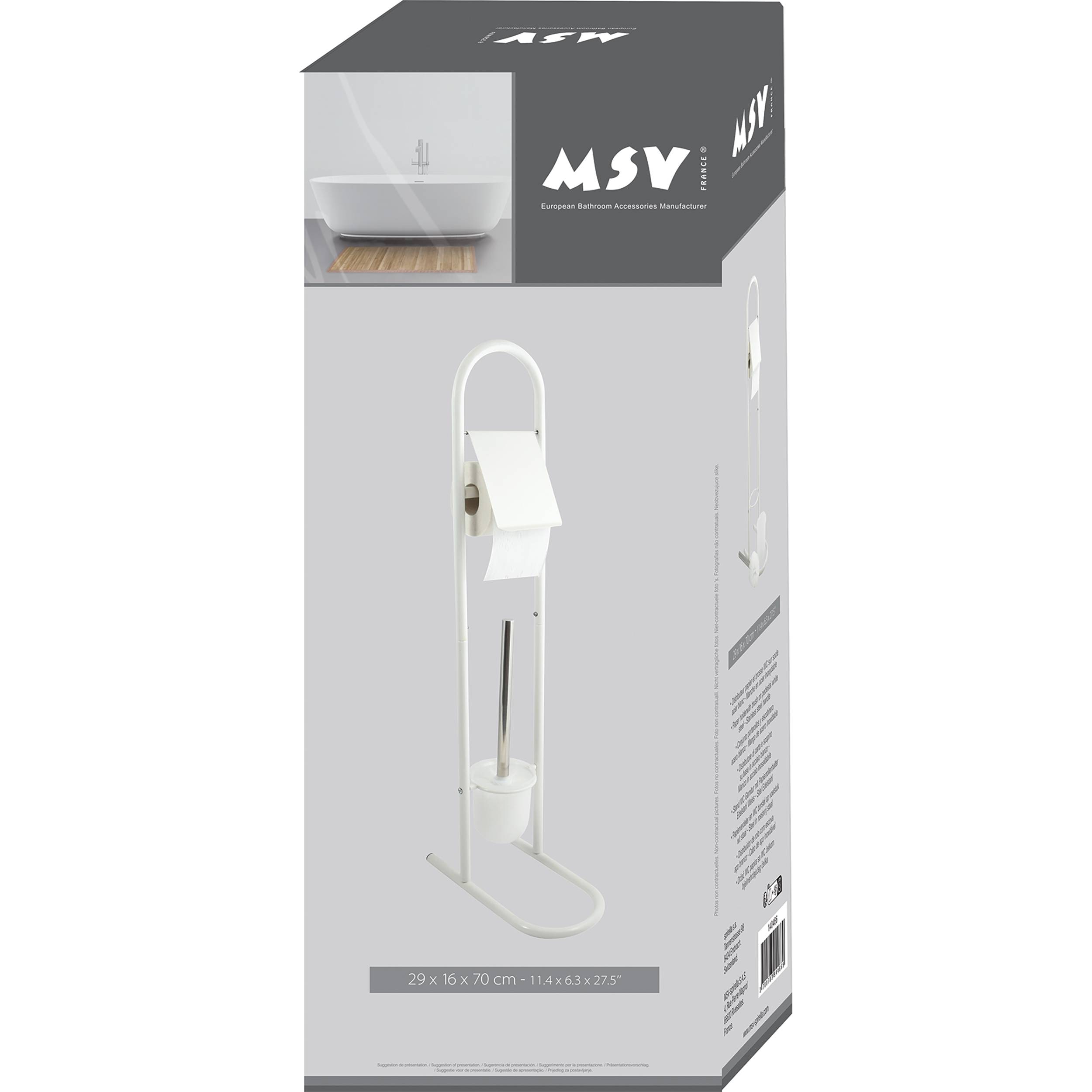 Produktbox für einen MSV Toilettenpapierhalter-Ständer, der die weiße freistehende Badezimmeraccessoire auf der Verpackung zeigt.