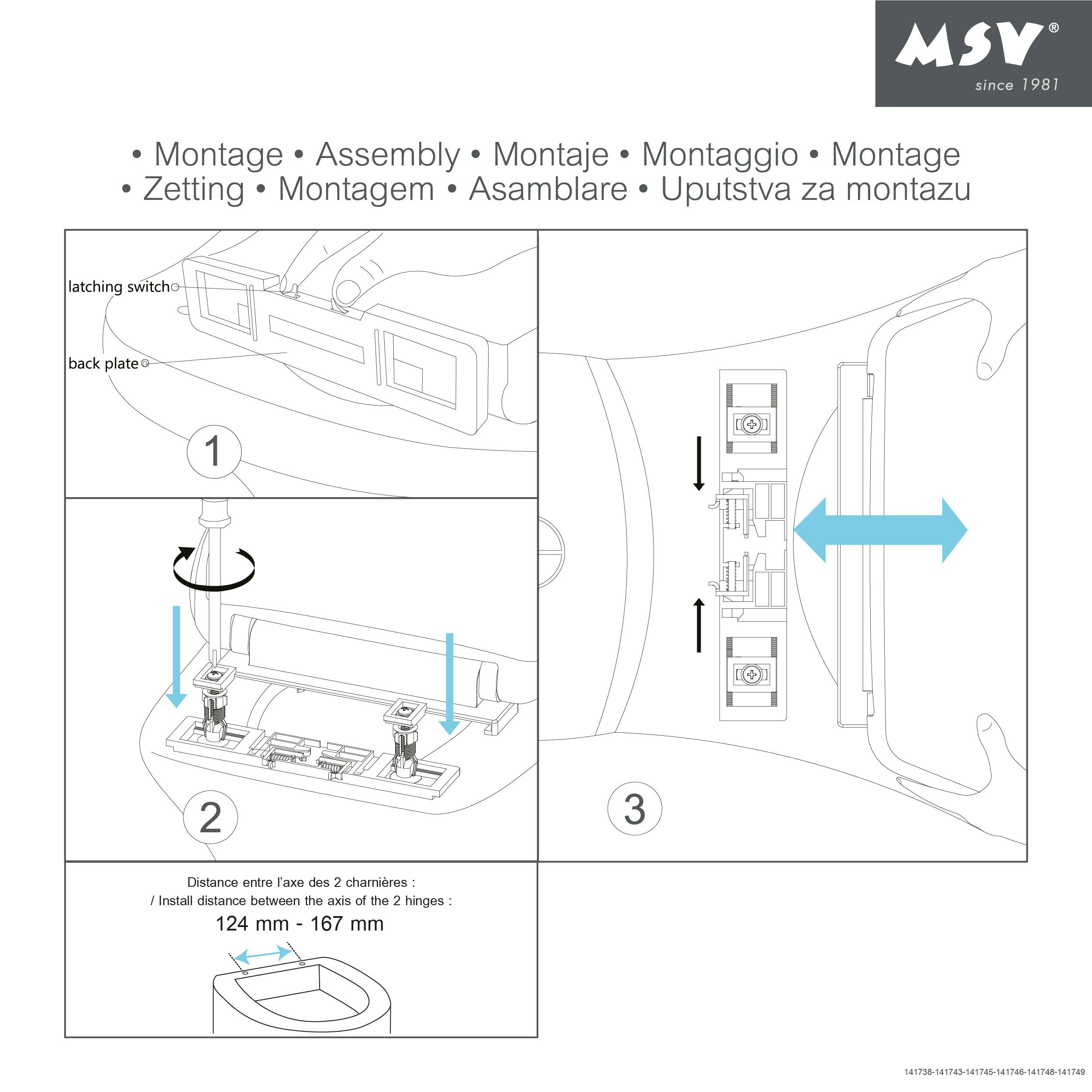 Installationsdiagramm für eine Toilettensitzscharnier-Rückplatte, das Rastschalter, Montageschritte, verstellbaren Scharnierausstand und Installationsabstand von 124 mm bis 167 mm zeigt.