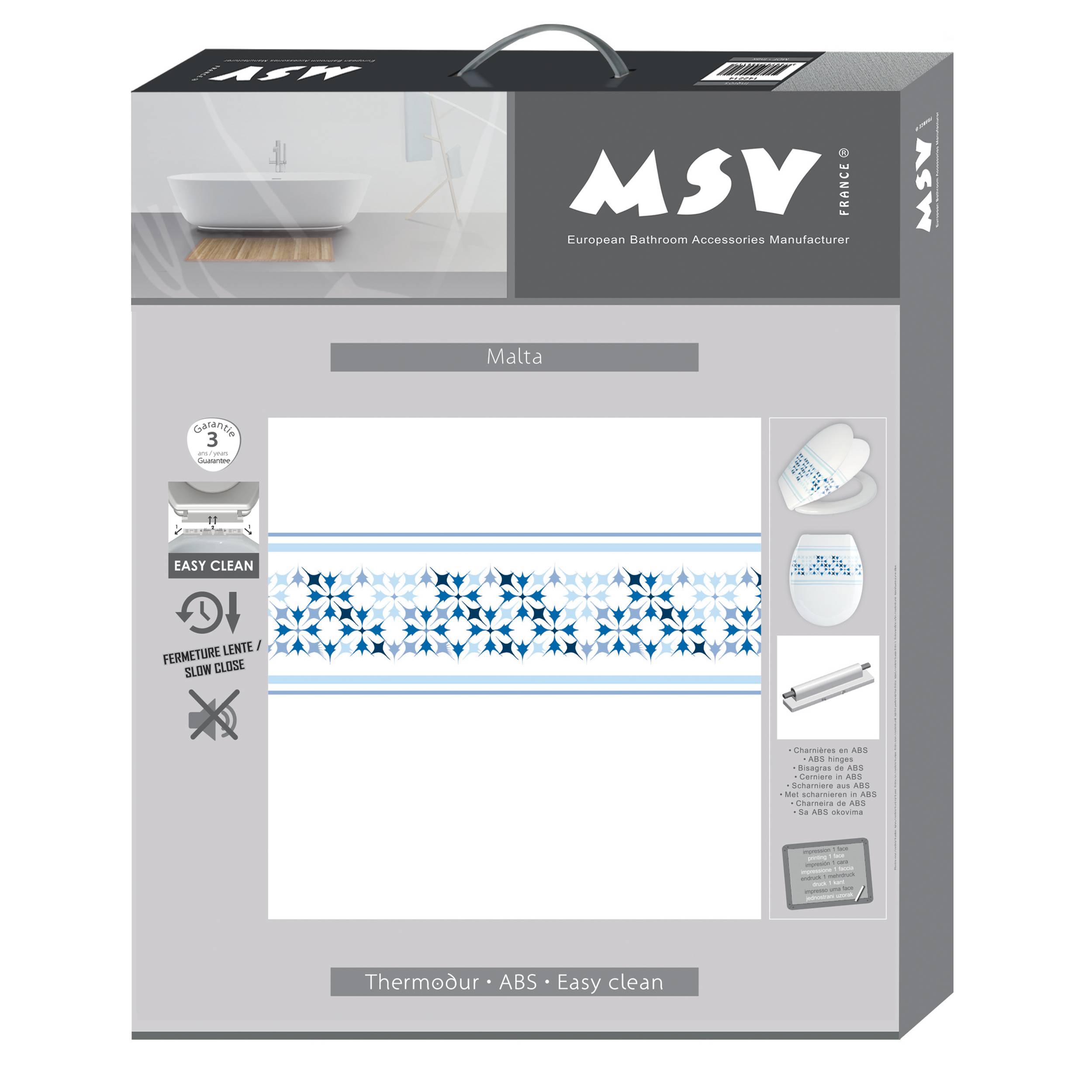Produktverpackung für ein MSV-Badezimmerzubehör mit der Bezeichnung 'Malta', das einen weißen Toilettensitz mit blauem Blumenmuster und 'Easy clean'-Funktionen zeigt.