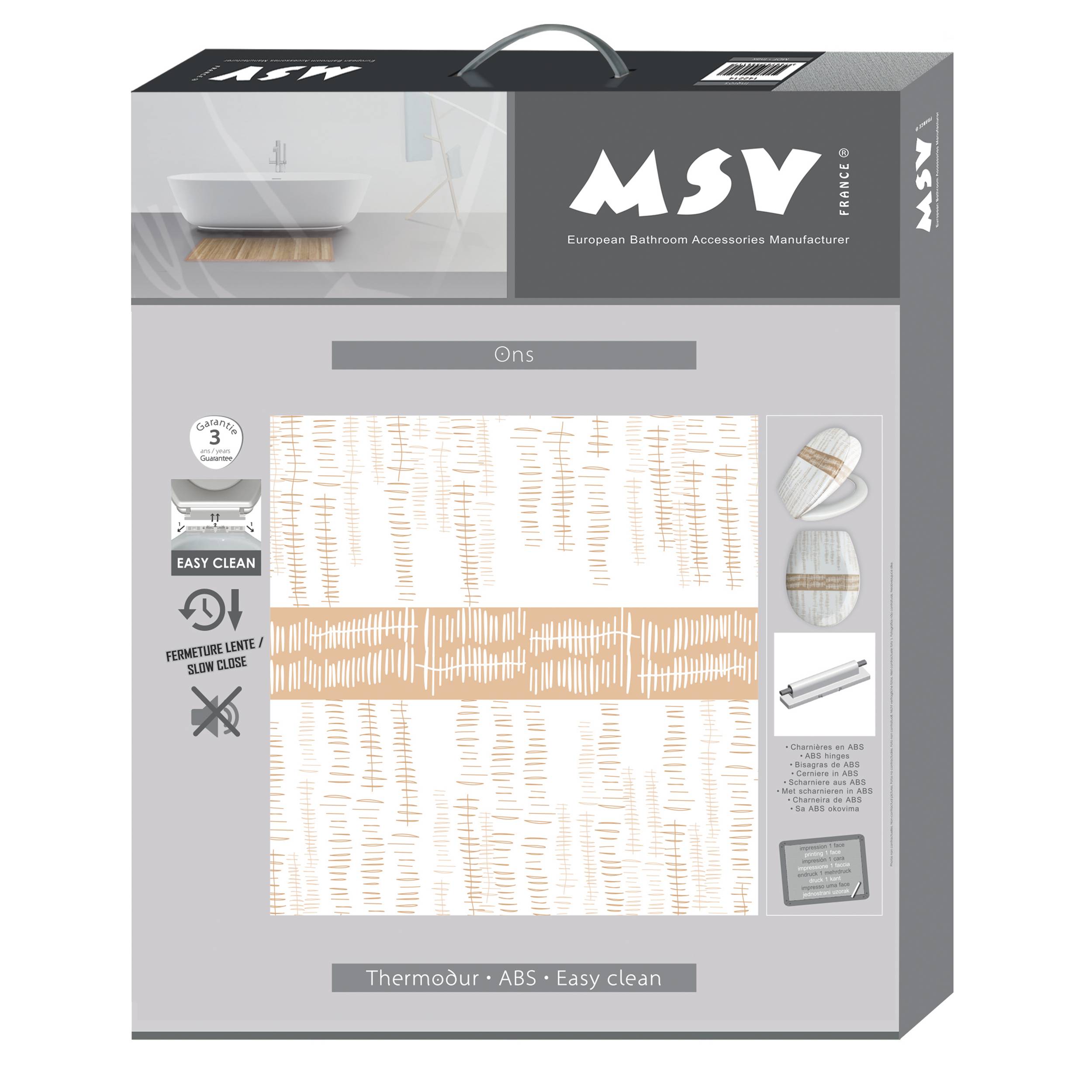 Verpackungsbox für ein MSV-Badezimmeraccessoire namens 'Ons', das einen beige-weiß strukturierten Duschvorhang oder Badematte mit Produktmerkmalen wie einfache Reinigung und Thermodur ABS zeigt.