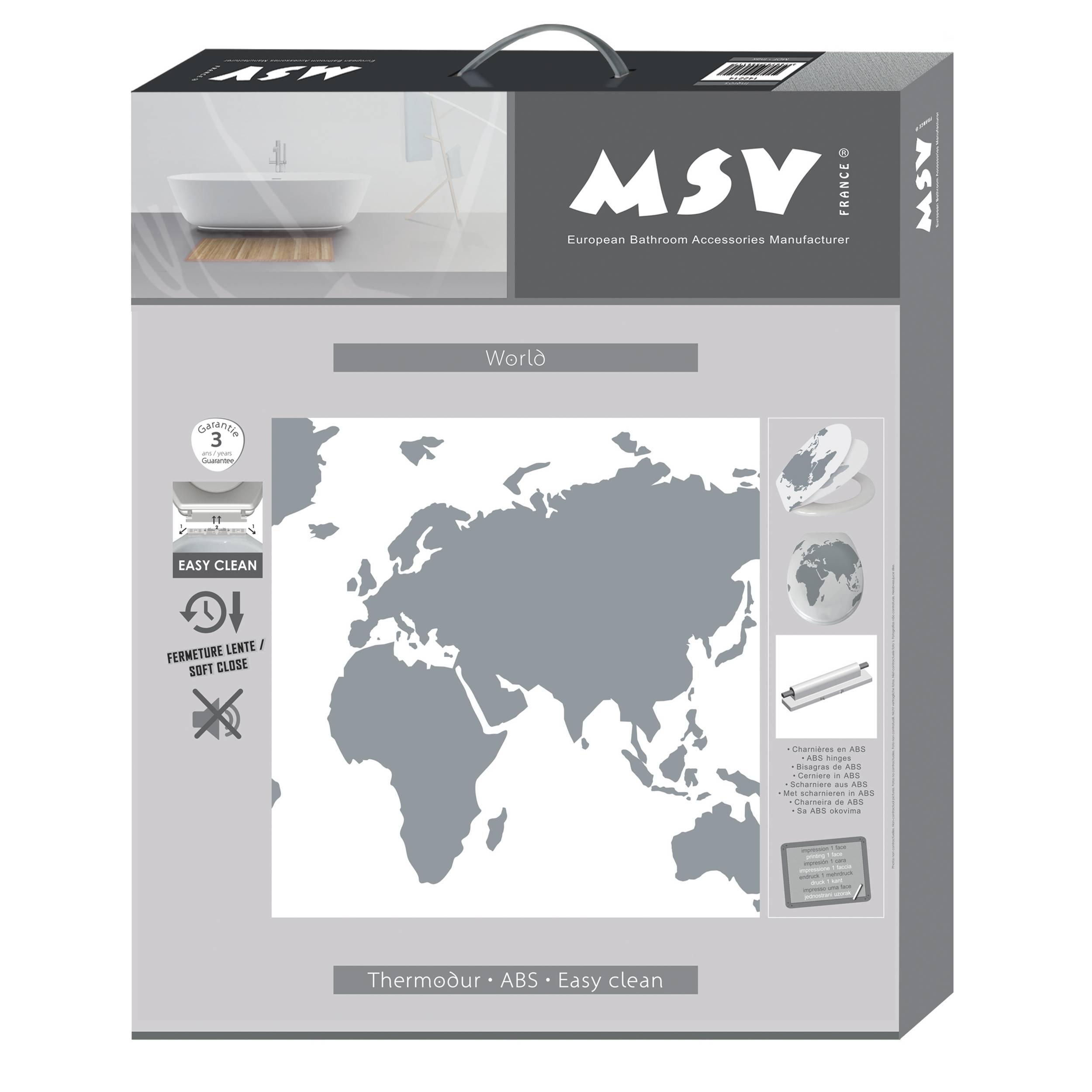Produktverpackung für einen MSV-Toilettensitz, der eine Weltkartengrafik und Funktionssymbole für "Easy Clean"", ""Soft Close"" und ""Thermodur ABS"" zeigt.