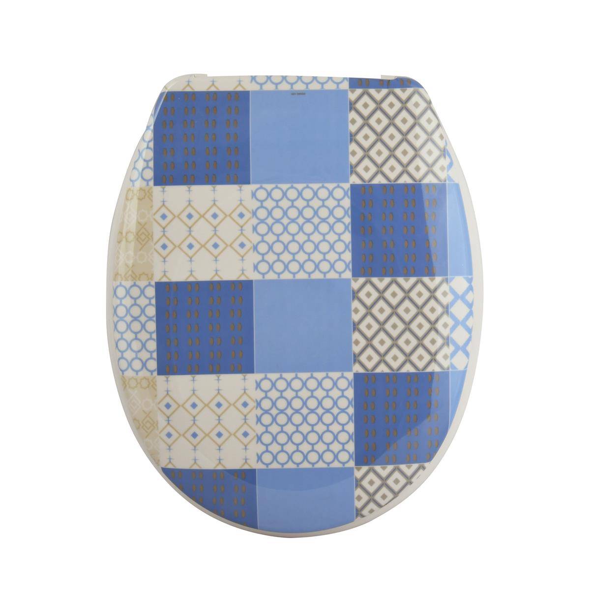 Rundes dekoratives Gefäß mit einem blauweißen und grauen Patchwork-Geometriemuster.