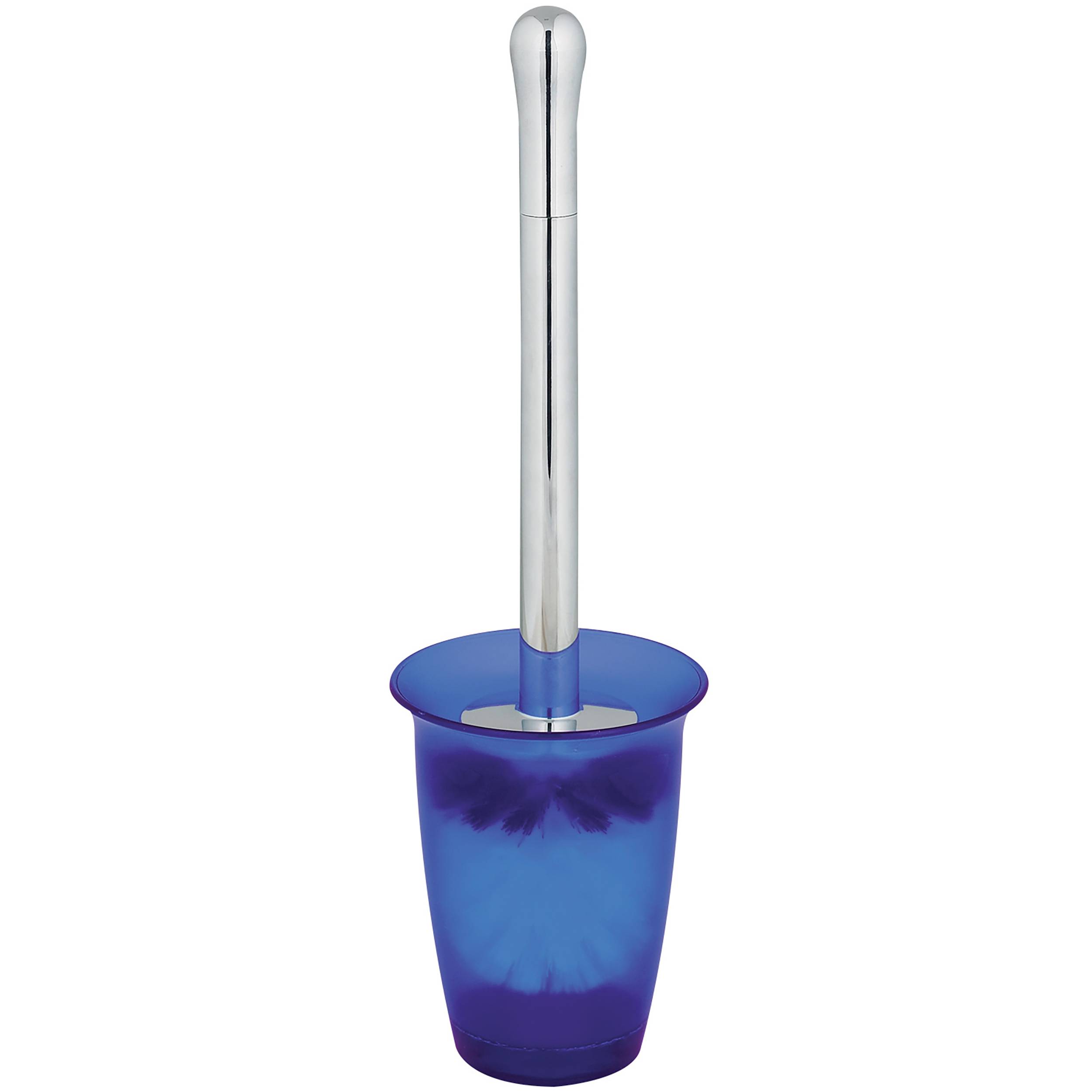 Blaue Toilettenbürste mit silbernem Griff in einem passenden blauen Behälter, freigestellt auf weißem Hintergrund.