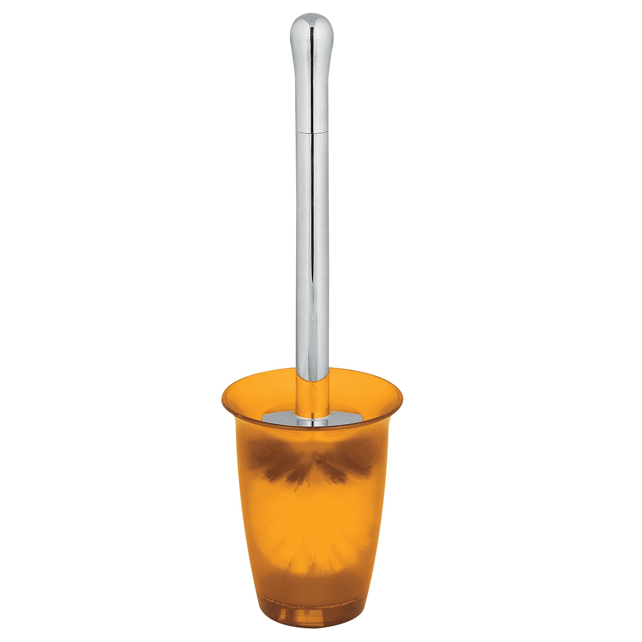 Orangefarbener Toilettenbürstenhalter mit einer Bürste mit silbernem Griff auf weißem Hintergrund.