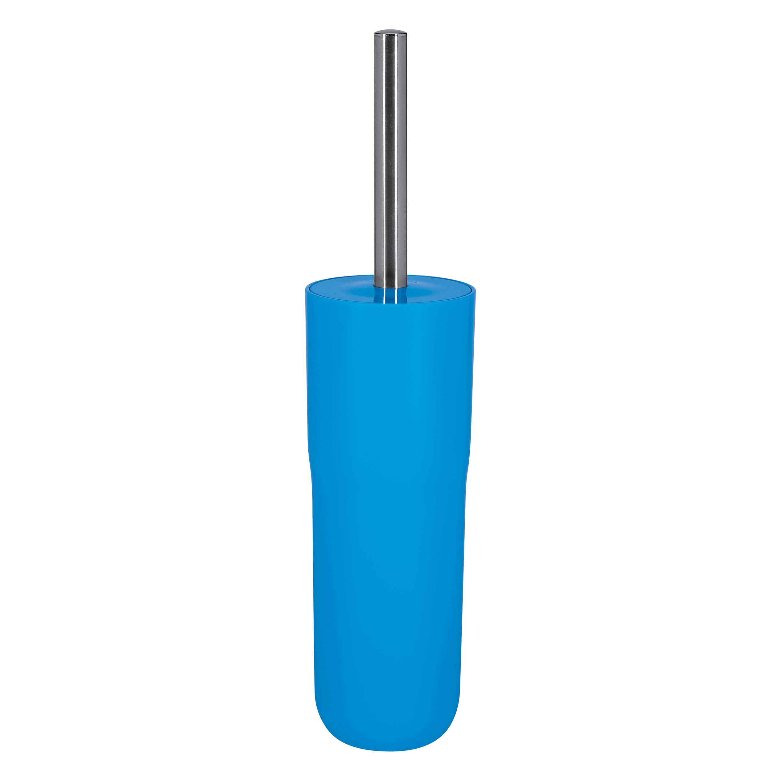 Blaue Toilettenbürste mit silbernem Griff auf weißem Hintergrund.