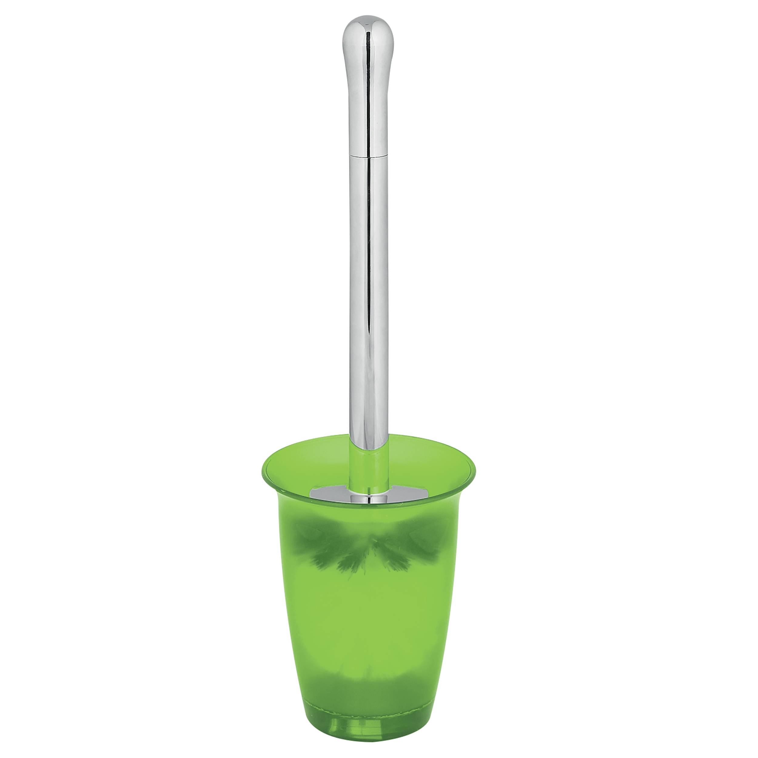 Grüne Toilettenbürste in einem passenden Halter mit silbernem Griff auf weißem Hintergrund.