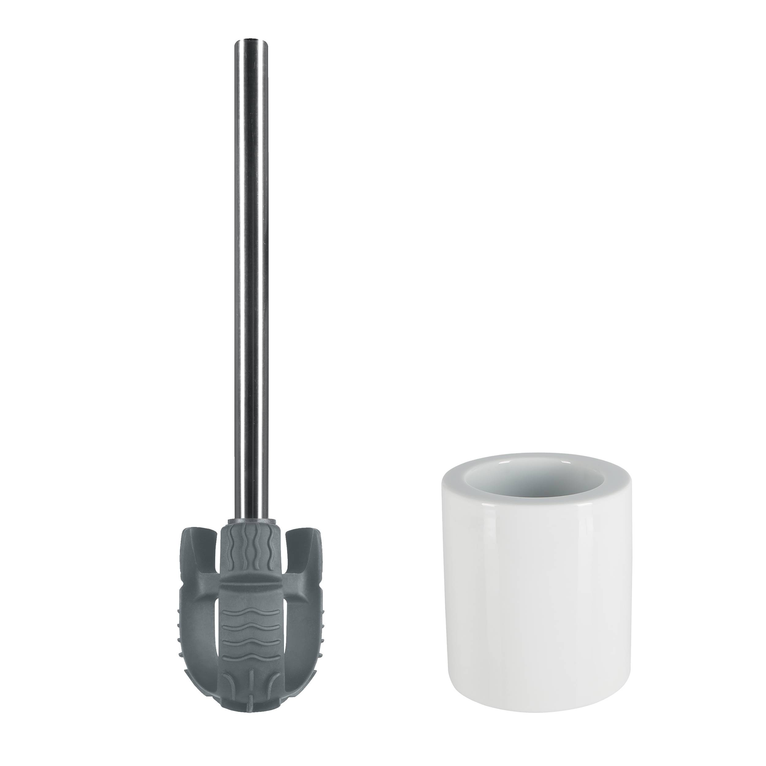 Schwarze Toilettenbürste mit langem Griff neben einem weißen zylindrischen Behälter auf weißem Hintergrund.