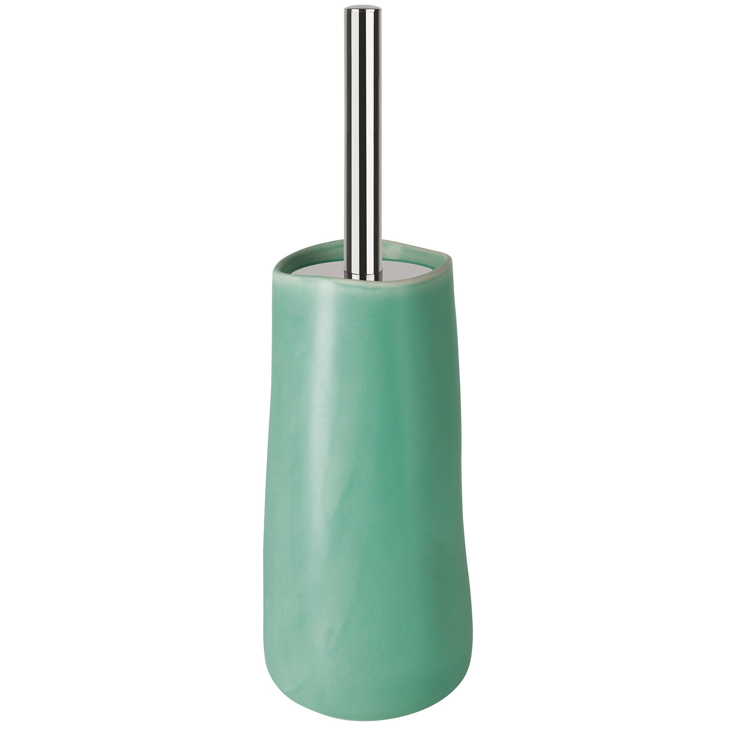 Mintgrüner Toilettenbürstenhalter mit silbernem Griff auf weißem Hintergrund.