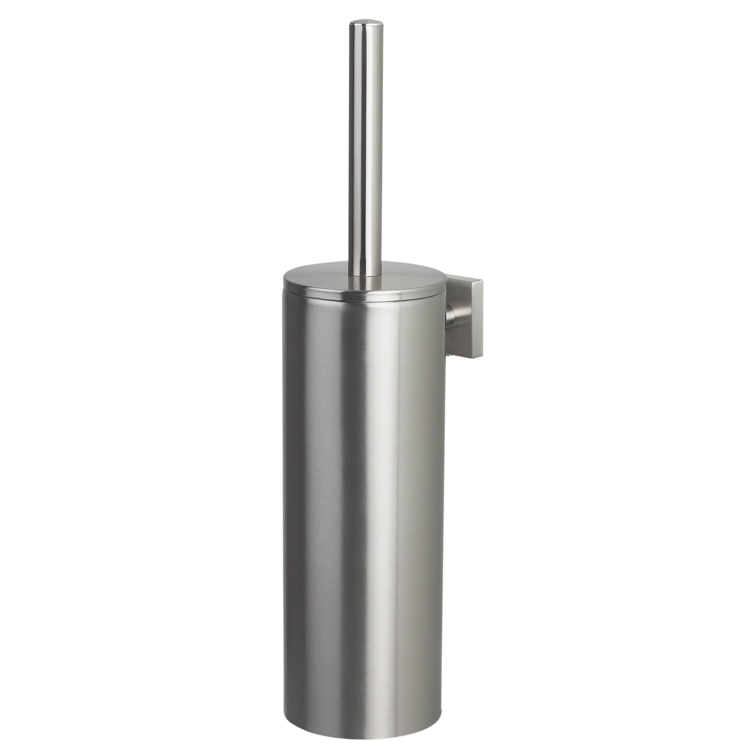 Wandmontierter Toilettenbürstenhalter aus Edelstahl mit vertikalem Griff auf einem schlichten weißen Hintergrund.