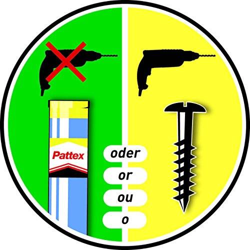 Anleitung auf dem Etikett zeigt, dass ein Bohrer durch Kleber oder eine Schraube ersetzt werden kann; der linke Bohrer ist durchgestrichen, mit „oder/or/ou/o" zwischen den beiden Optionen.