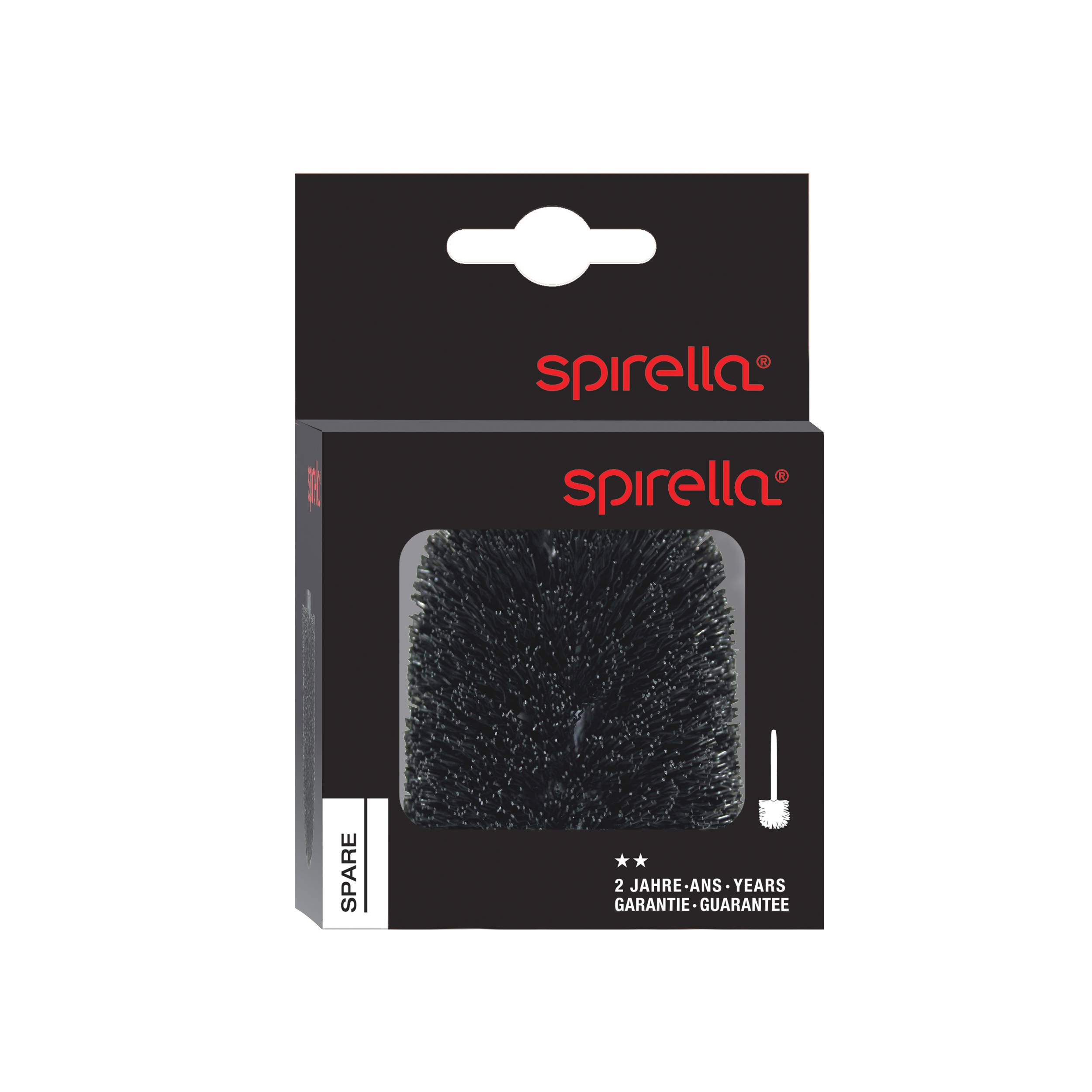 Spirella Ersatz-Toilettenbürsten-Kopf Verpackung, zeigt eine schwarze Ersatzbürste mit Text zur 2-Jahres-Garantie.